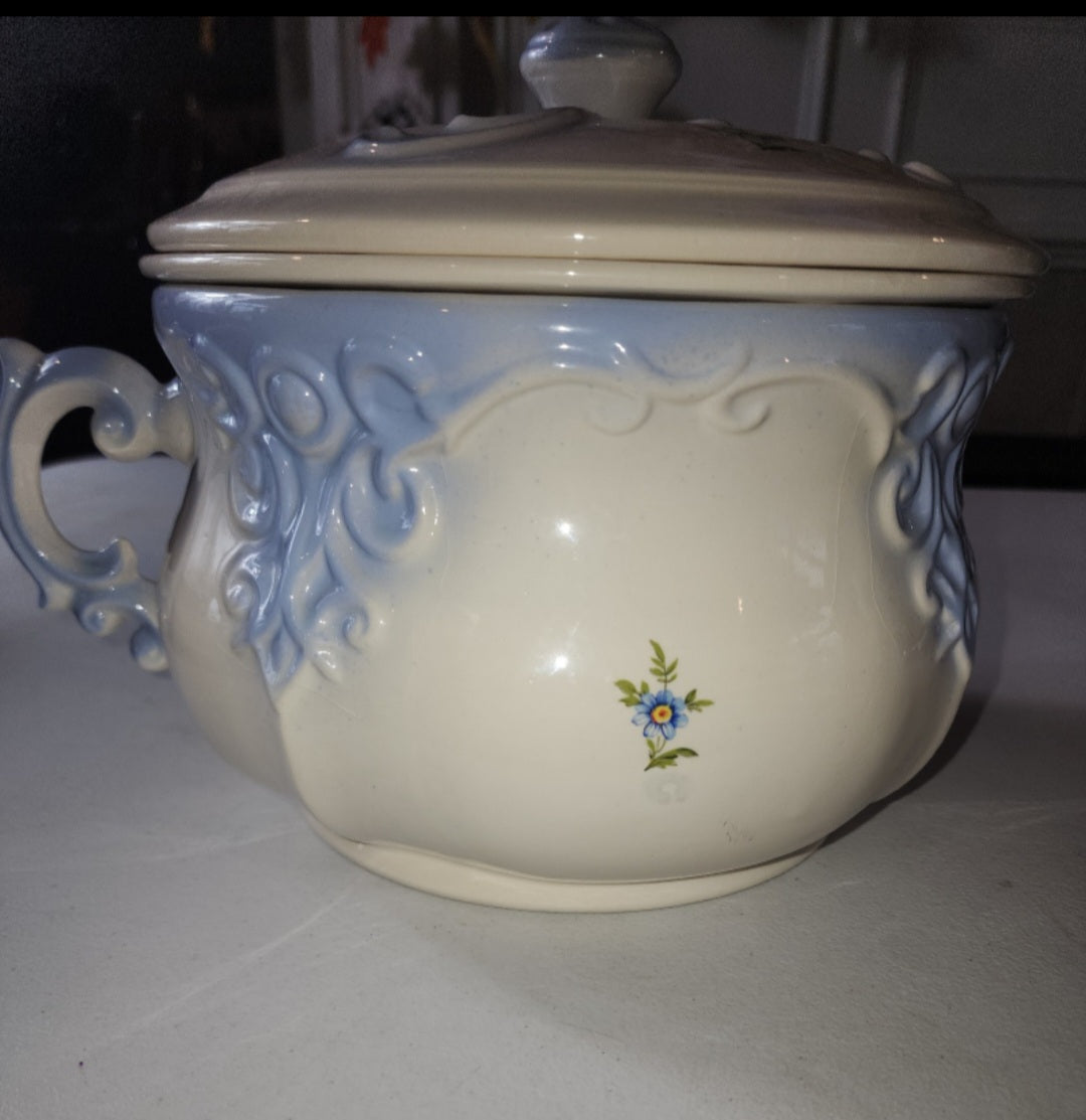Vintage 3 piece Floral Ceramic Chamber Pot Victorian blue