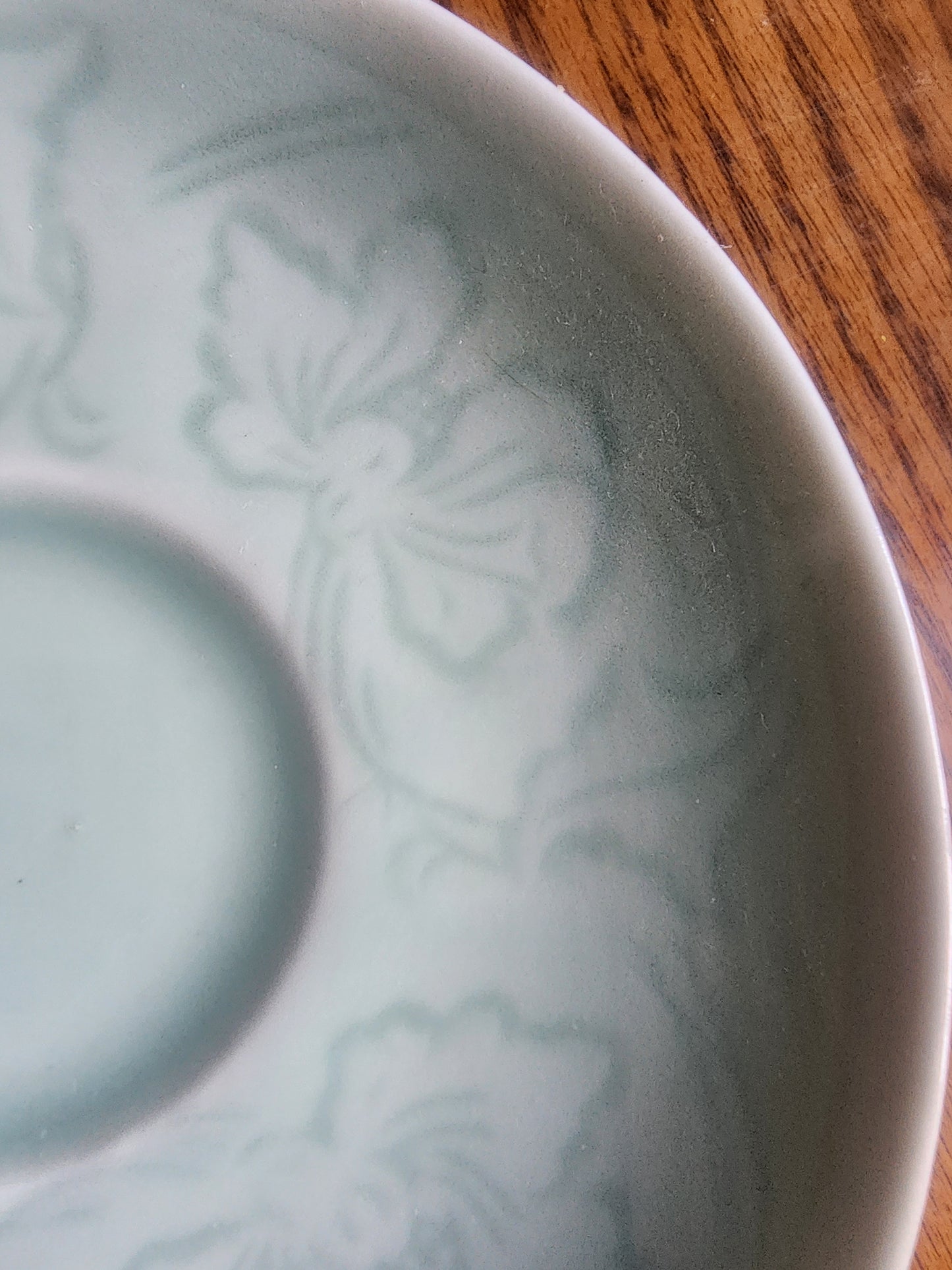 Longquan Celadon porcelain Seafoam Green floral saucers. Set of 2