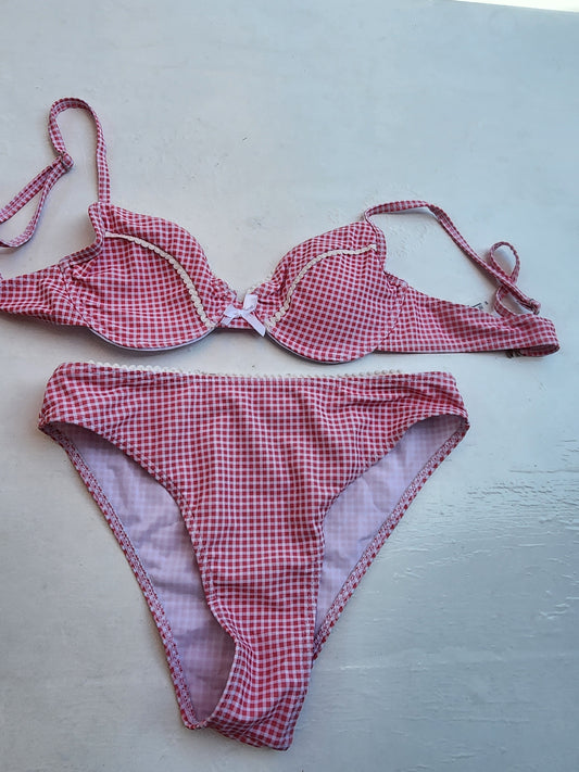 Adorable Pink & White Gingham Plaid Bikini Swimsuit Set - Top Small, Bottom Med
