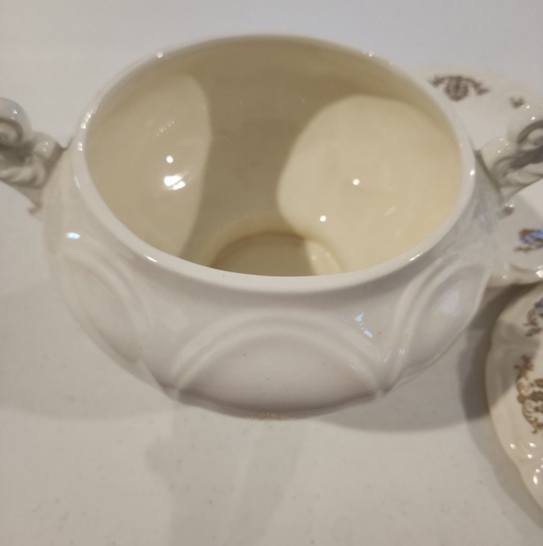 Vintage Porcelain Soup Tureen and plate  Gold Floral Design