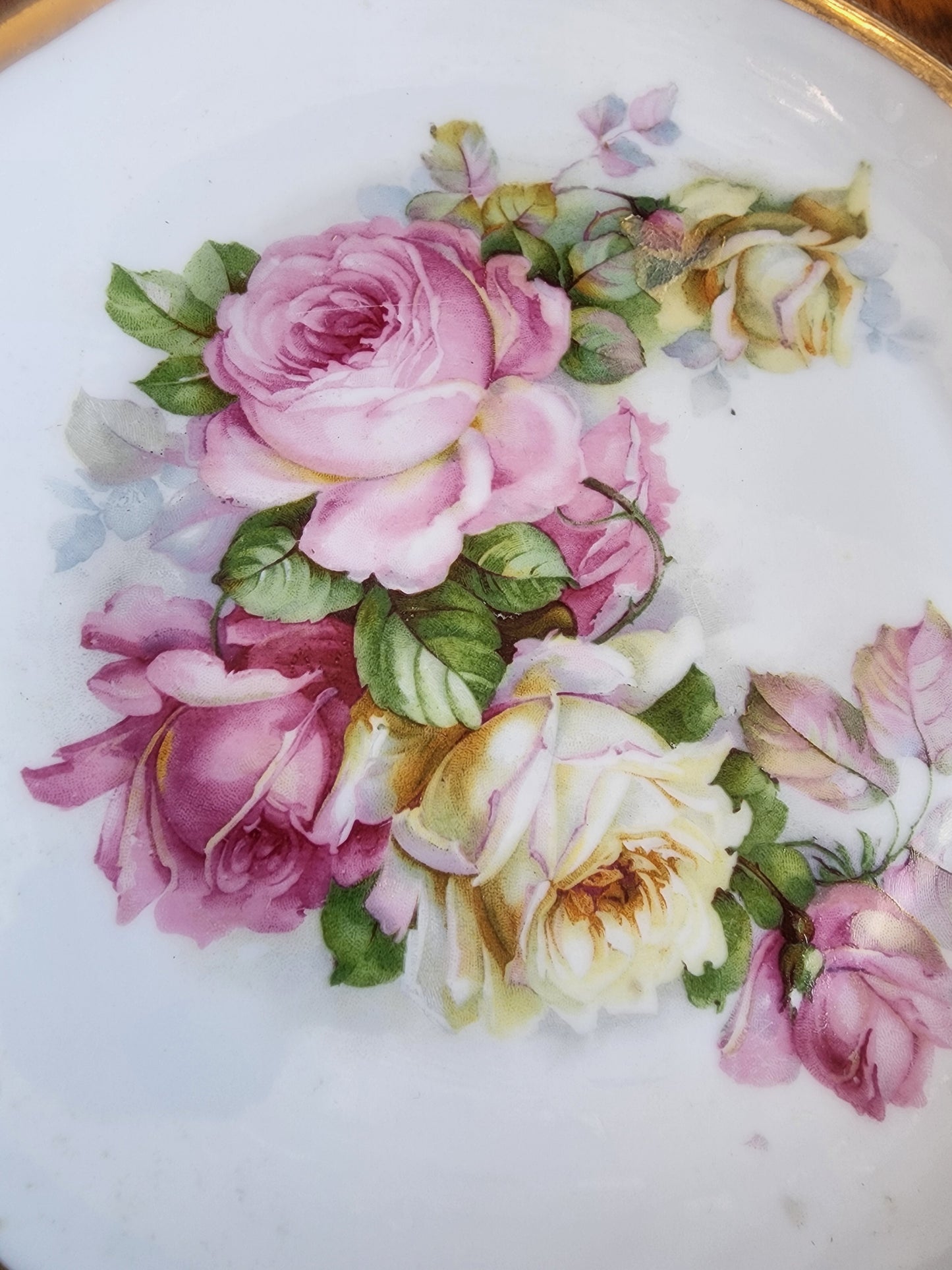 >Antique Z.S. & Co Bavaria Porcelain Plate - Pink & Yellow Roses - 7 5/8" - Gold Rim