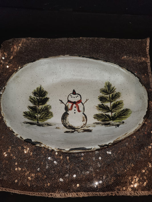 Etta B Pottery Snowman  between two pines oblong pottery bowl 9.25" long
