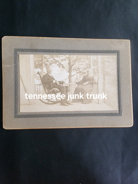 Antique Victorian Cabinet Card Photo Couple  of man and woman on Porch John Fisher