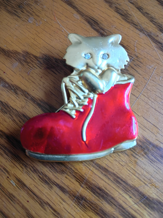 Vintage Cat In Boot Brooch Pin  Gold Tone with Red enamel 2" by 2"