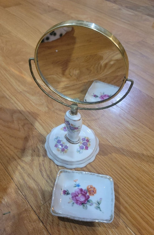 Vintage Porcelain vanity mirror and Porcelain ring tray