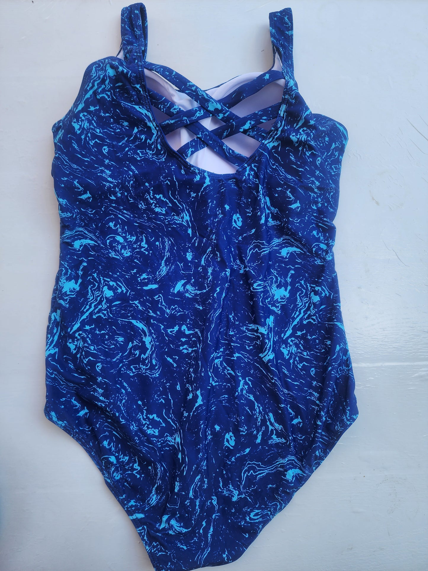 Women's One Piece Swimsuit XL Blue Swirl Criss Cross Back  Lined Bathing Suit