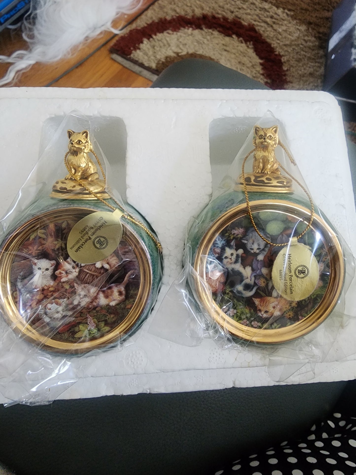 2 1999 Bradford Exchange Porcelain Hanging Figural Cat Round Ball Ornaments