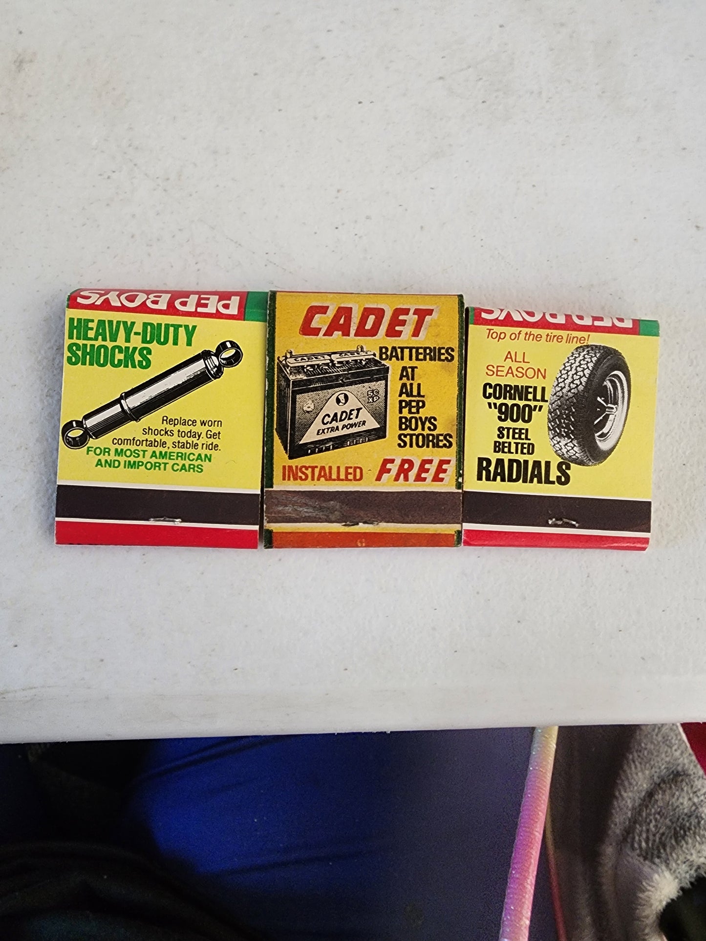 1930s - 1940s Pep Boys Matchbook Advertising Cadet Batteries Cornell tires,