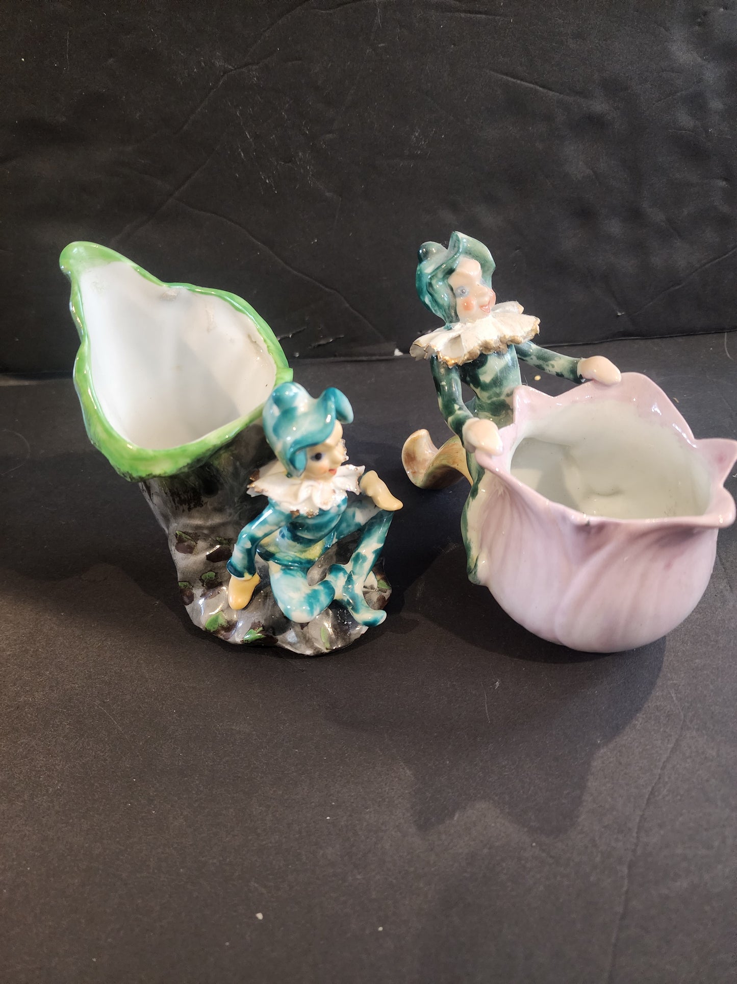 Vintage Mid-Century Green Pixie & Pink Whimsical Tulip Ceramic Planter Set - 1940s/1950s Made in Japan