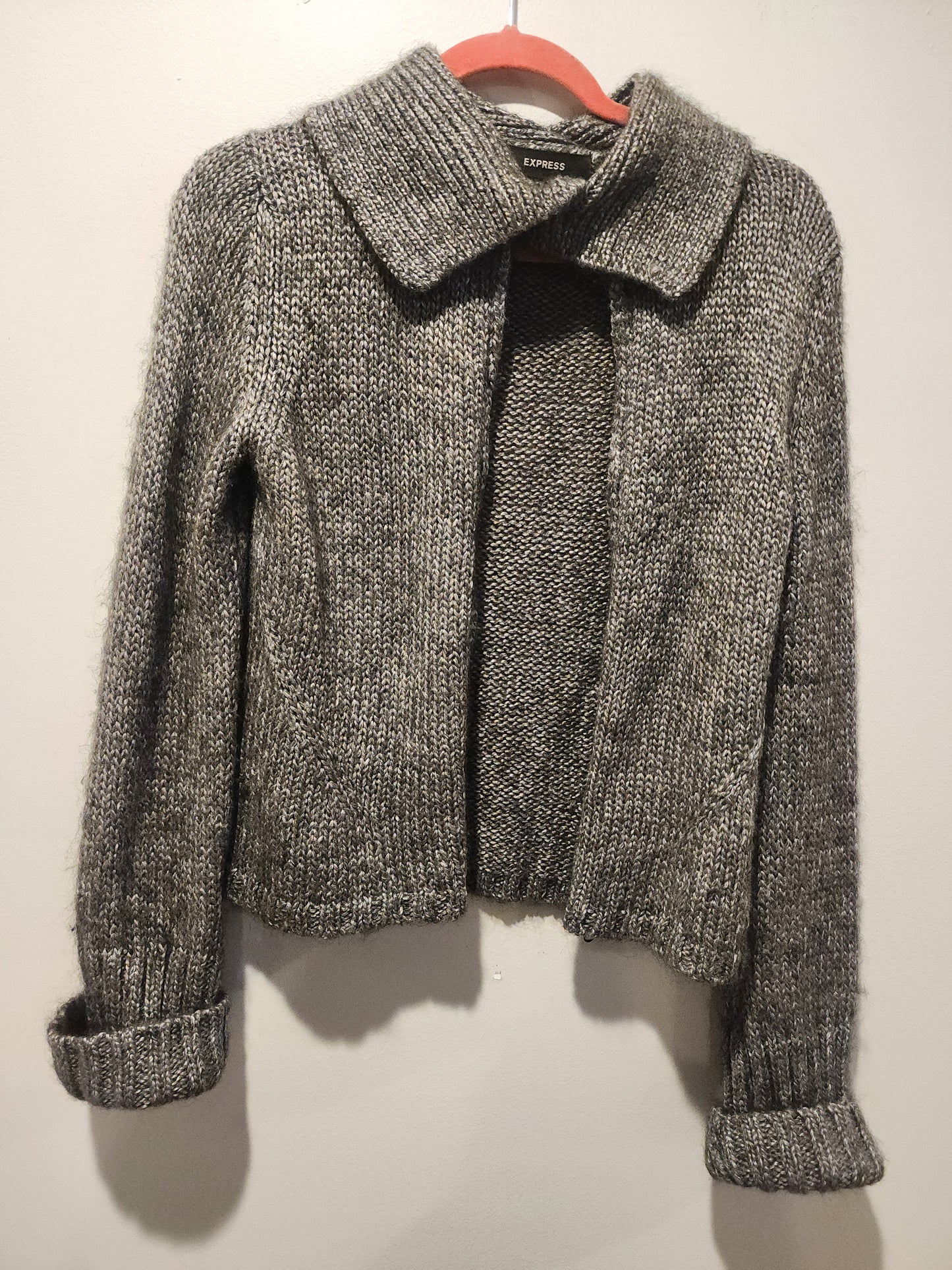 Express Vintage Gray Knit Sweater Jacket L Zipper Cropped Marled Wool Blend