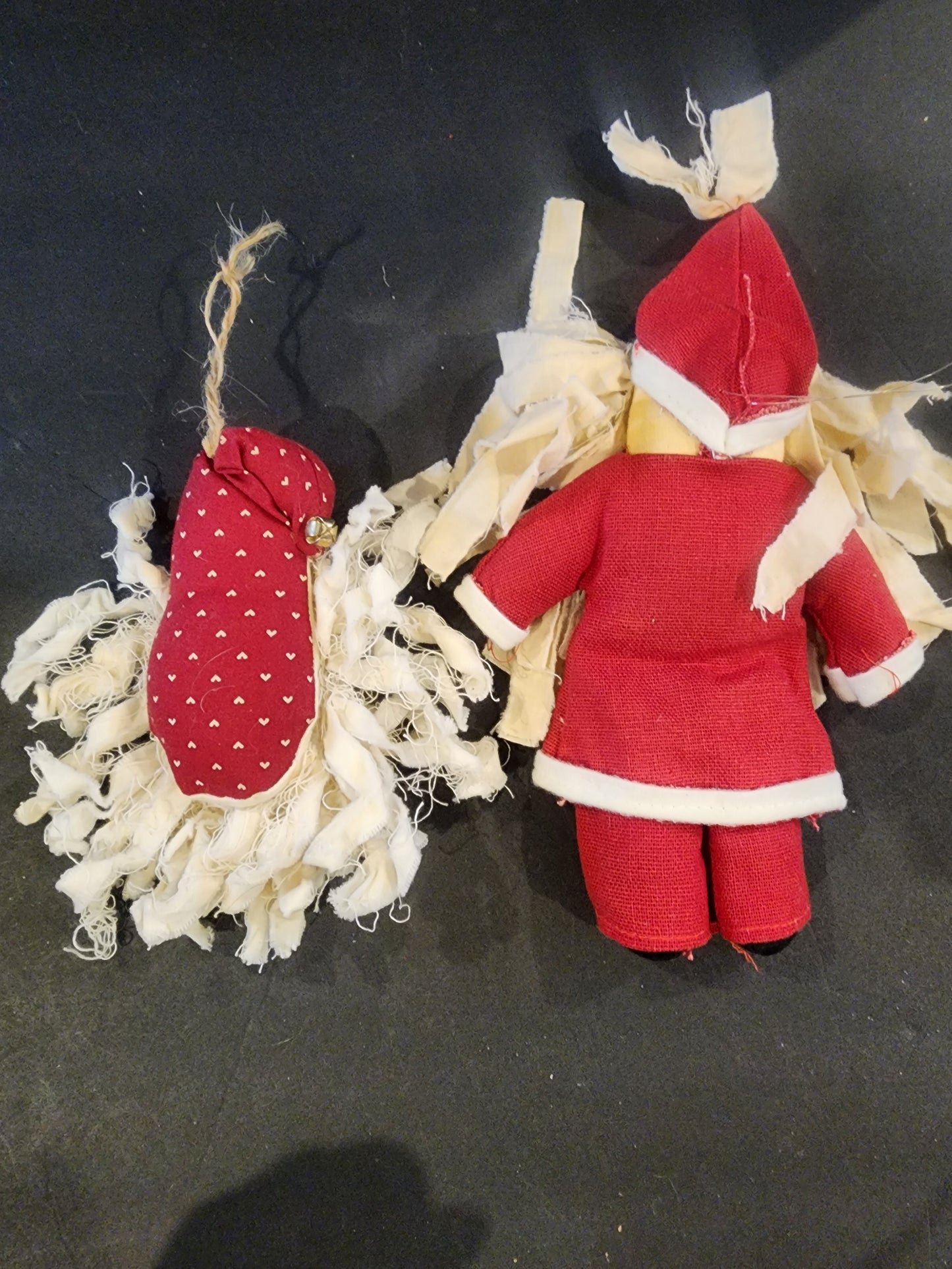 Two Christmas Ornaments Cloth Santa Claus with rag beard