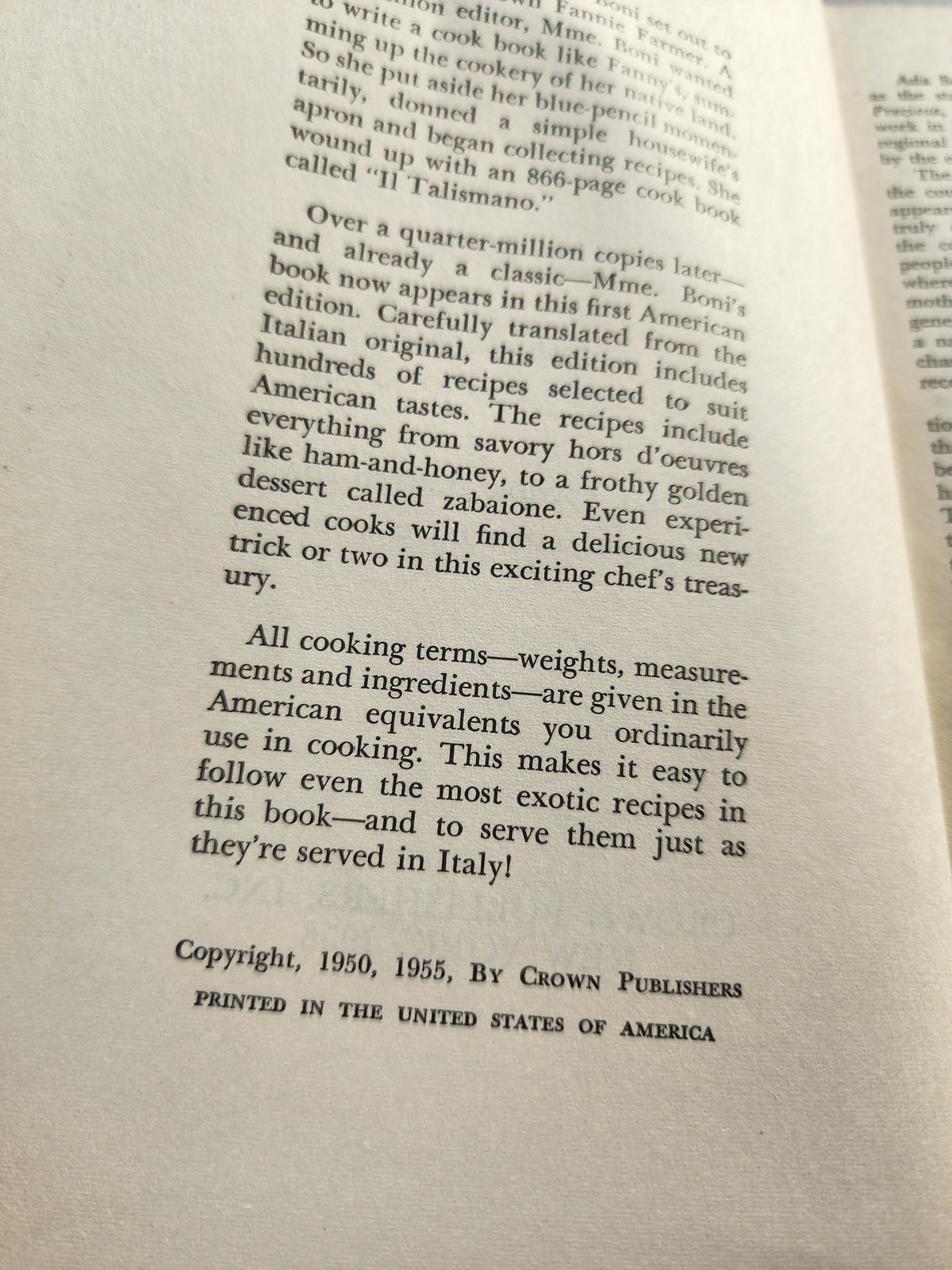 Vintage The Talisman Italian Cook book by Ada Boni.  HC Book 1958