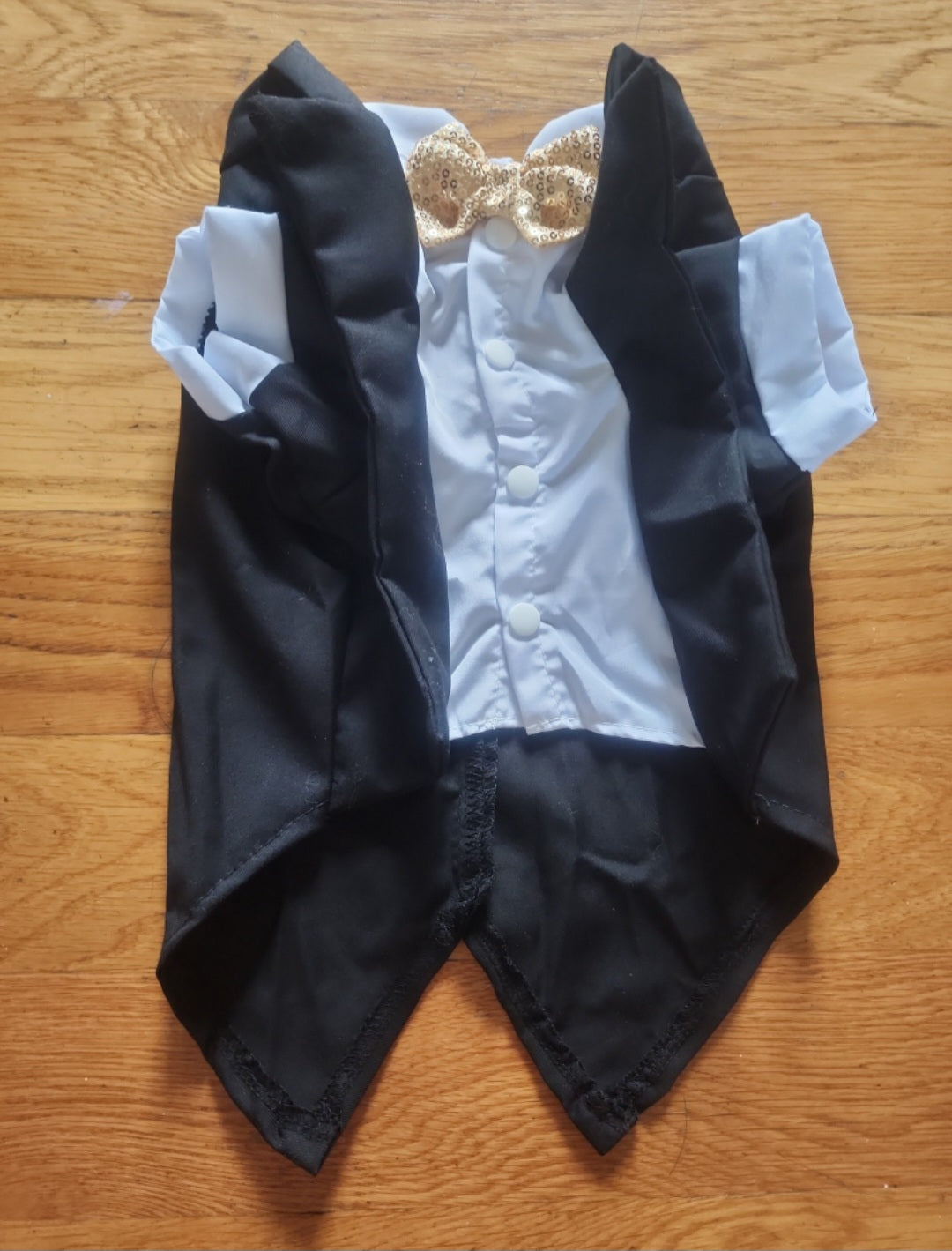 Dog Tuxedo - Black & White with Dazzling Gold Sequin Bow Tie - Size Medium