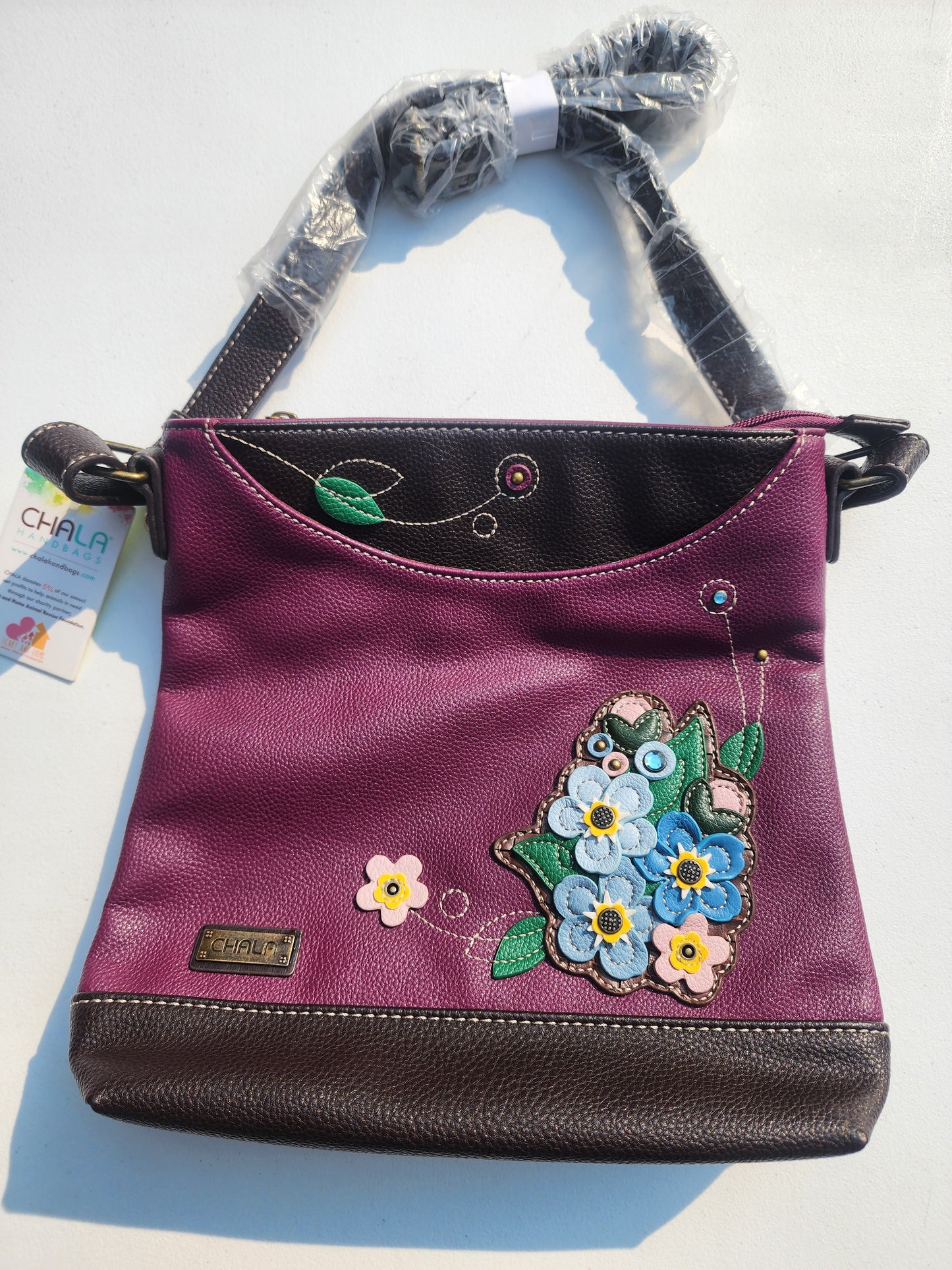 Chala Handbag vegan Purple leather Embellished with floral forget me nots