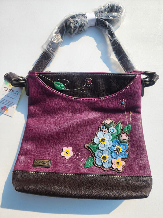 Chala Handbag vegan Purple leather Embellished with floral forget me nots