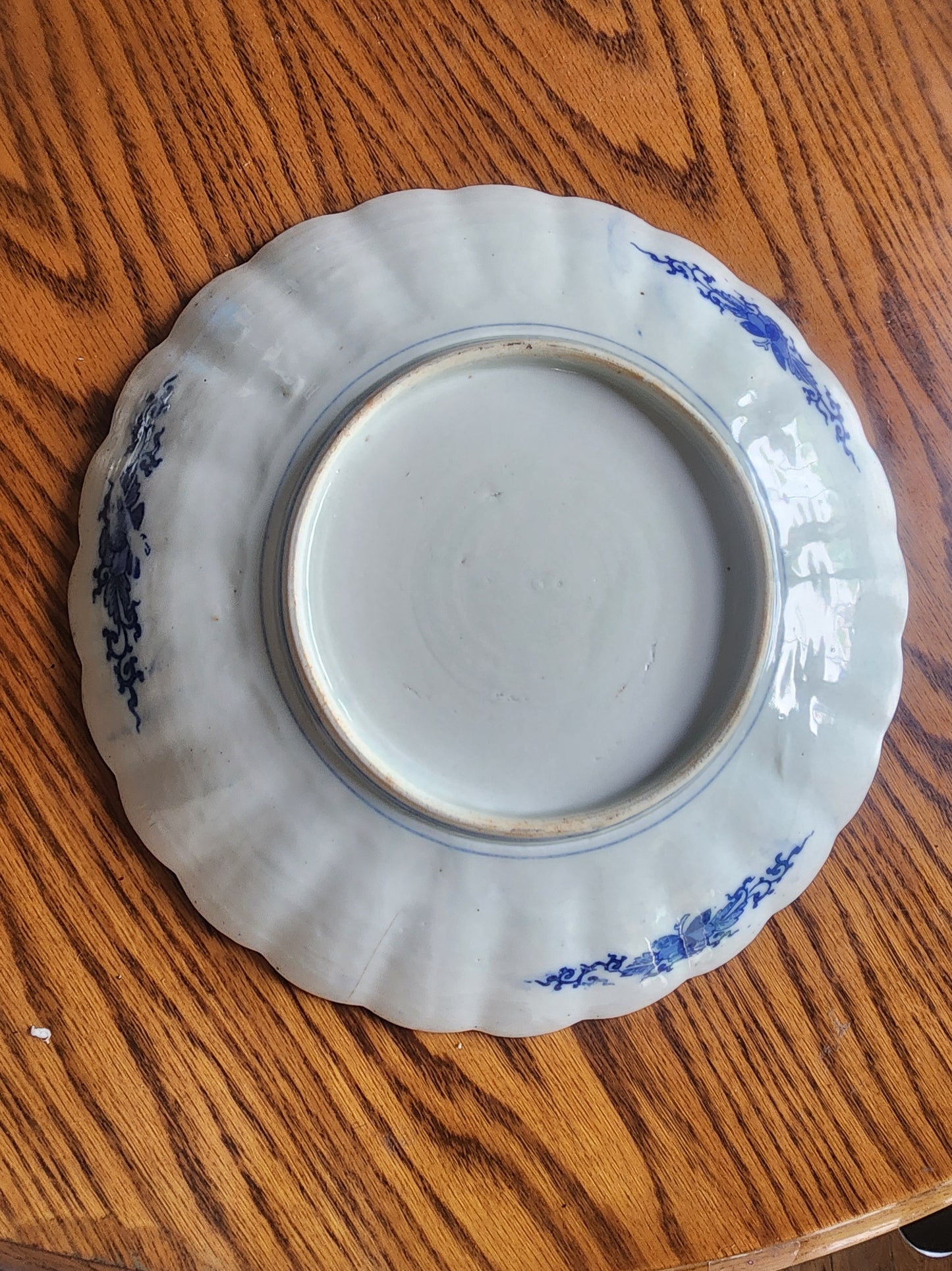 Antique Japanese Arita Blue & White 12" Shallow Bowl Peacock & Peony  Meiji Style