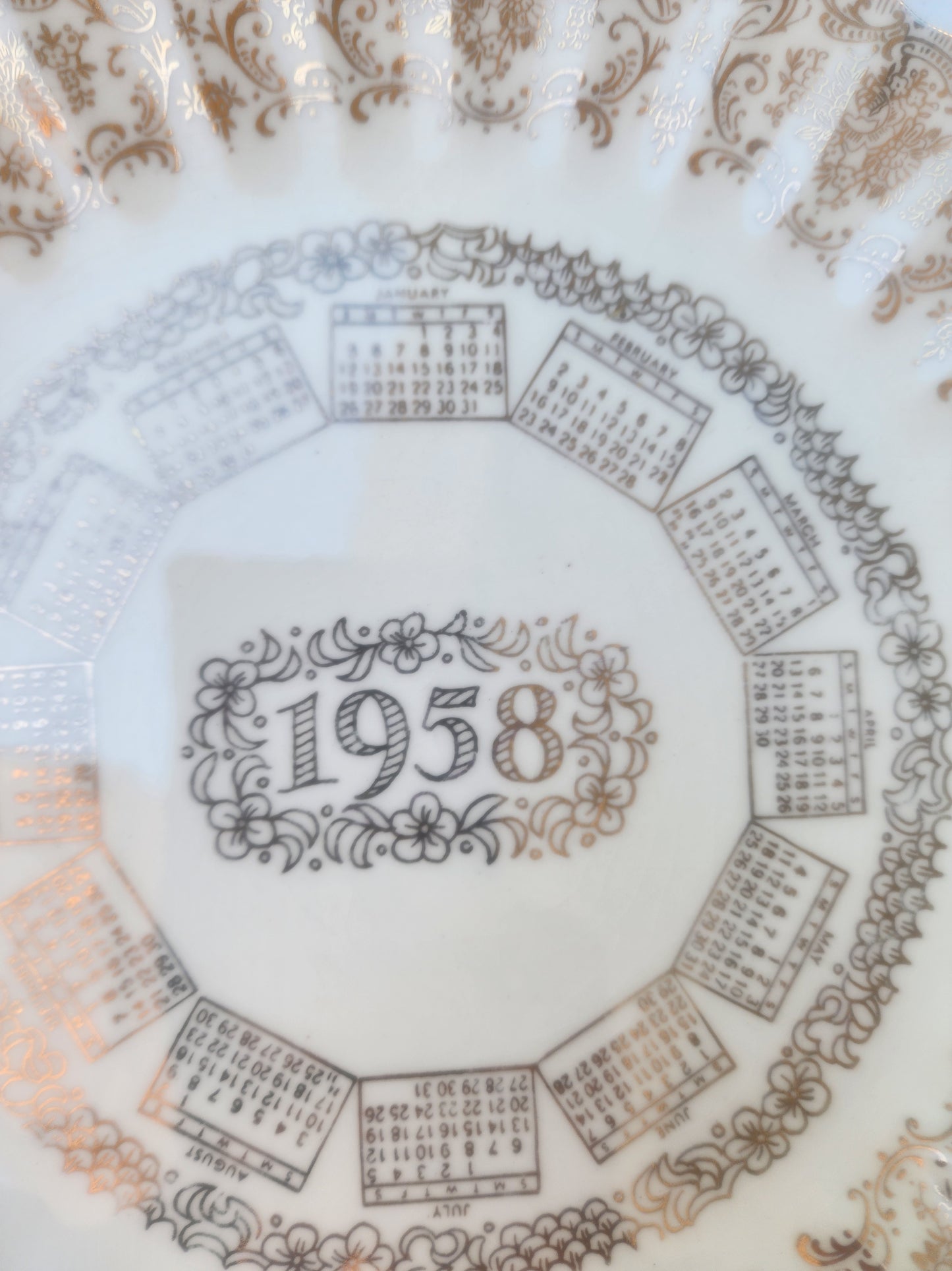 Vintage 1958 Calendar Plate 9.5" | Gold & White Mid-Century Decor