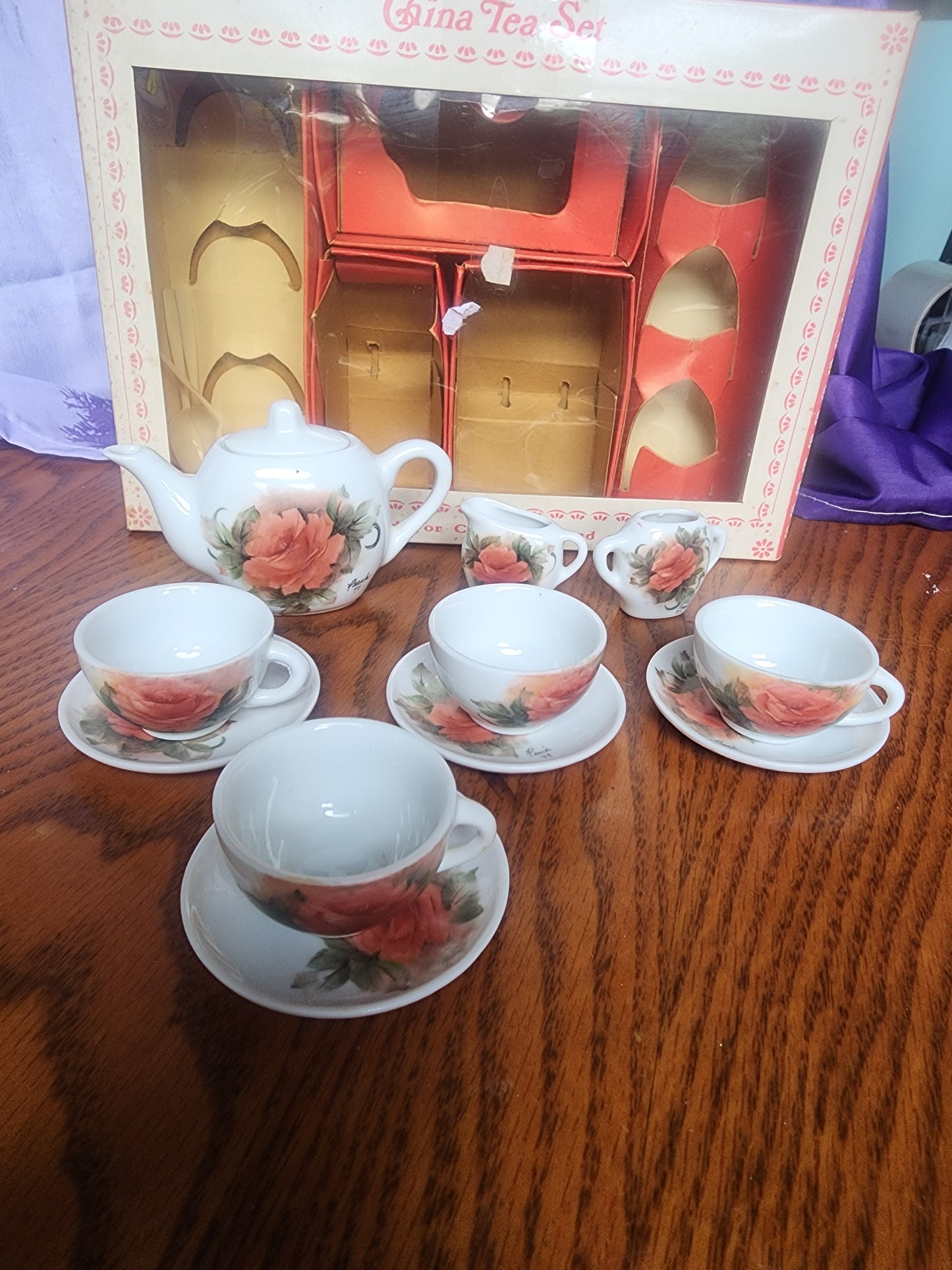 Vintage Miniature  China Peach tea set with Roses 1994