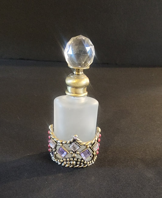 Vtg Perfume Bottle Decanter Rhinestones Purple Pink Jewels Refillable Frosted