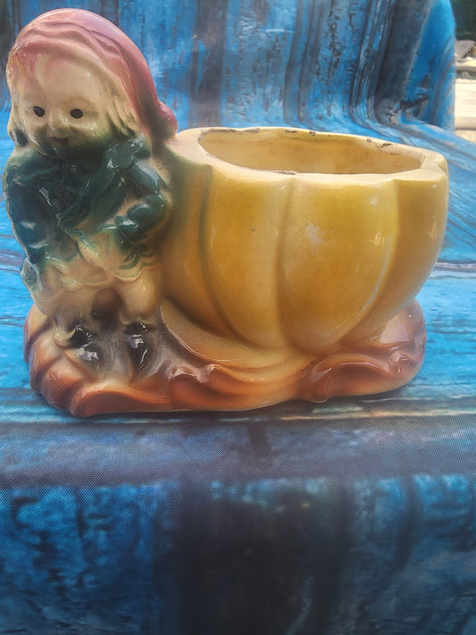 Vintage Ceramic Planter Fall gnome Pumpkin 1950s