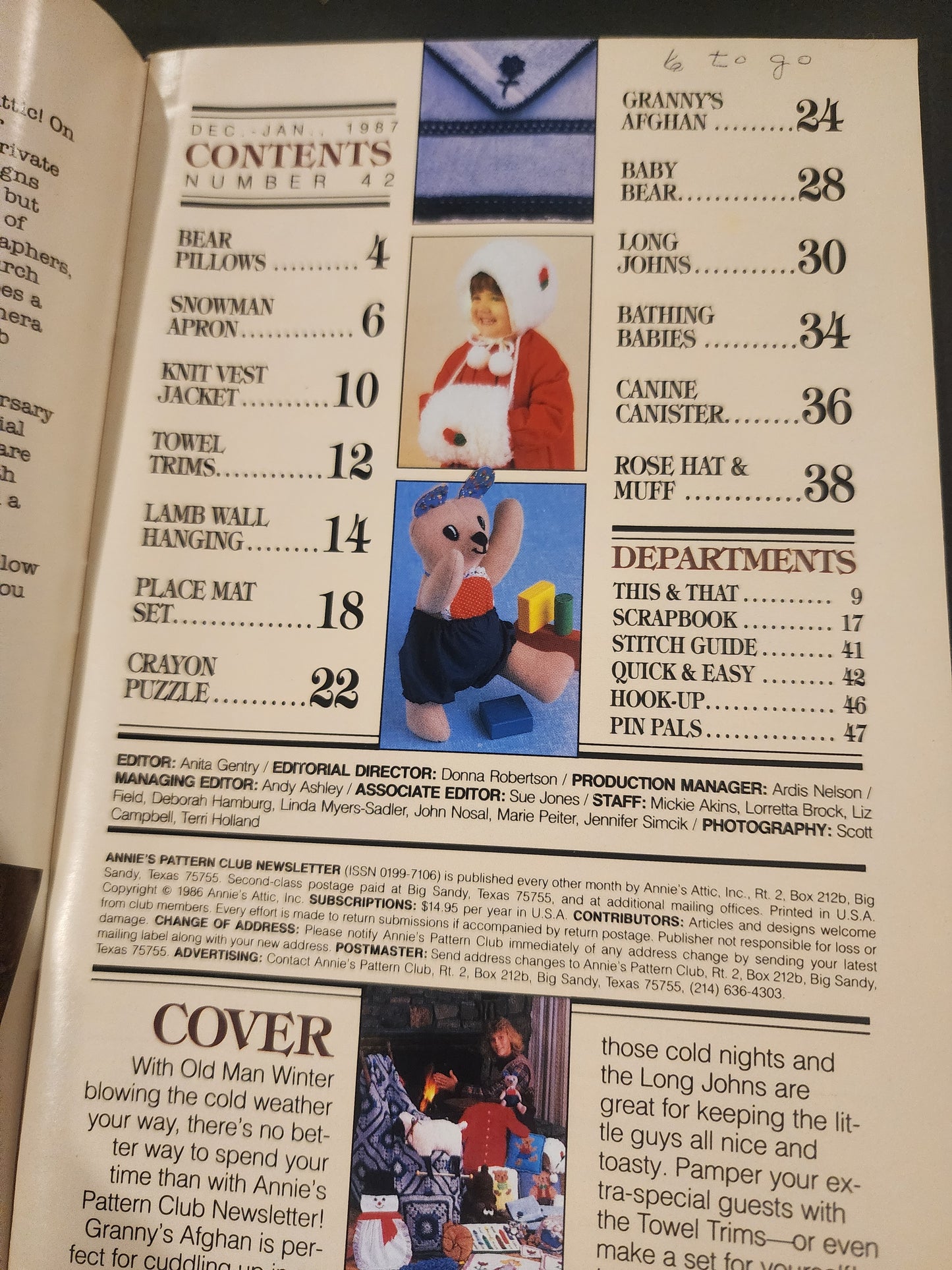 ANNIE'S PATTERN CLUB NEWSLETTER # 42 WINTER PROJECTS & #45 1987 crochet quilt
