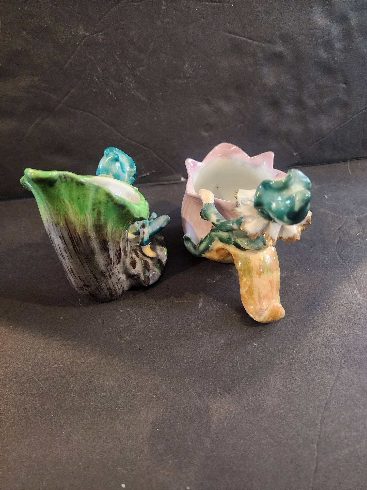 Vintage Mid-Century Green Pixie & Pink Whimsical Tulip Ceramic Planter Set - 1940s/1950s Made in Japan