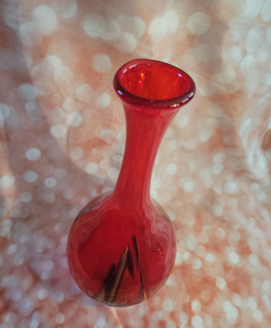 Pier One  blown Red glass vase with yellow, blue and black swirls Retro
