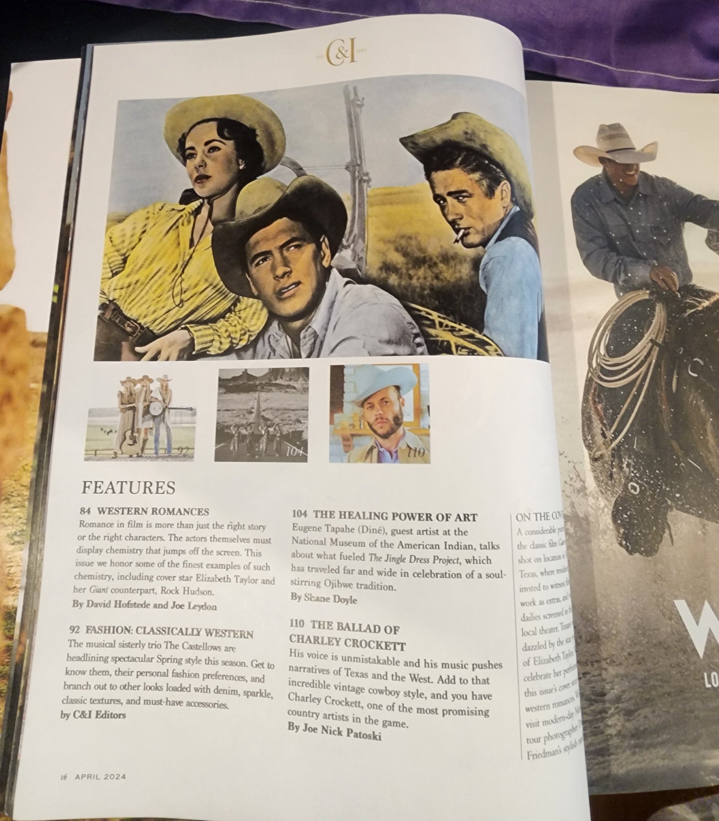 Cowboys & Indians Magazine April 2024 The Western Romances Elizabeth Taylor, Rock Hudson, and James Dean In Giant.