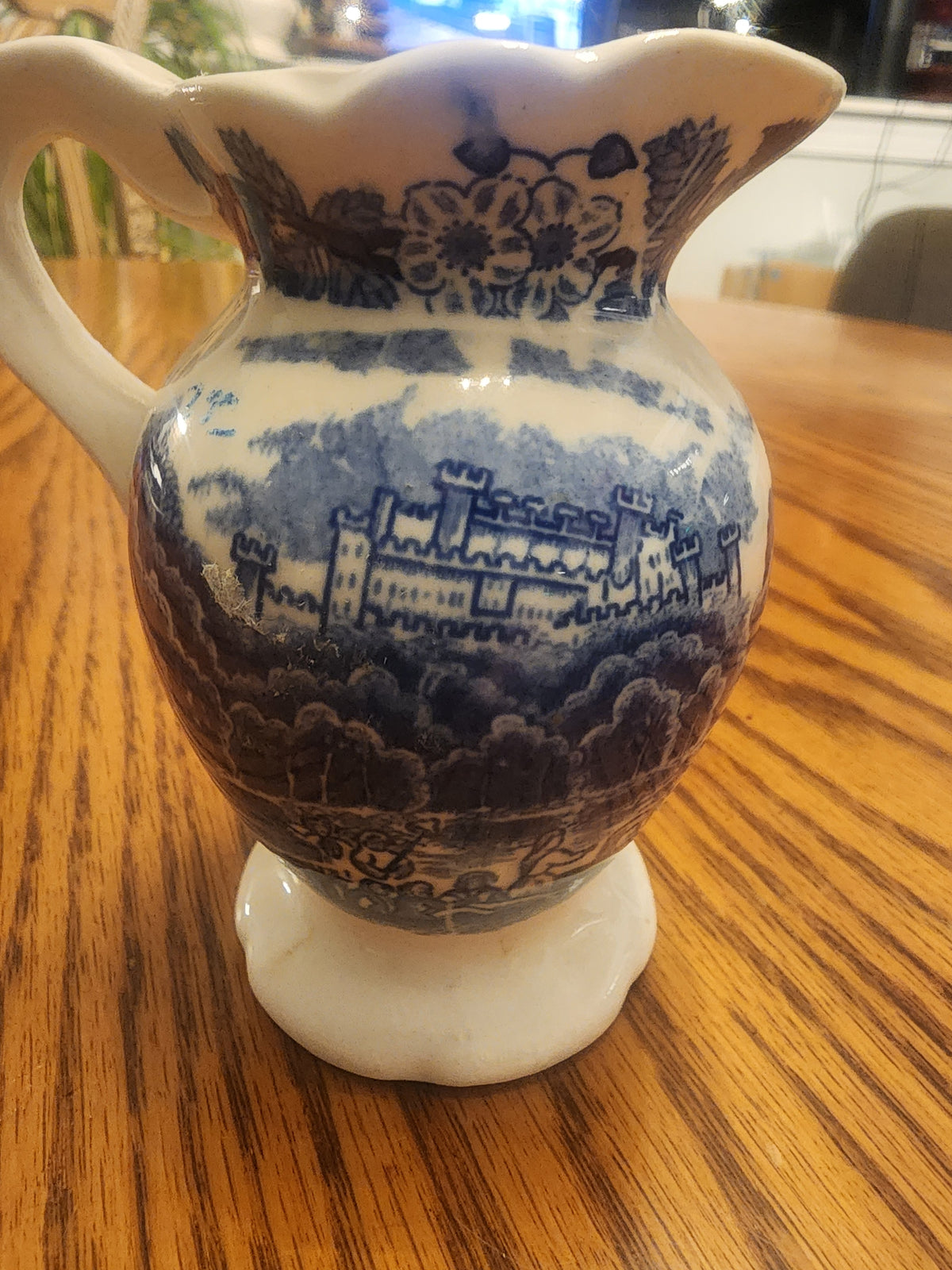 Vintage Blue and White Miniature Pitcher - Castle Scenic Design