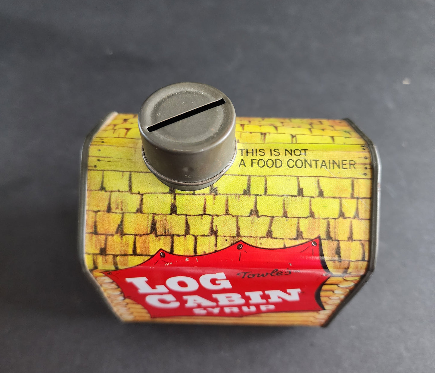 VINTAGE Towle's Log Cabin Syrup Tin Metal Promotional Coin Bank