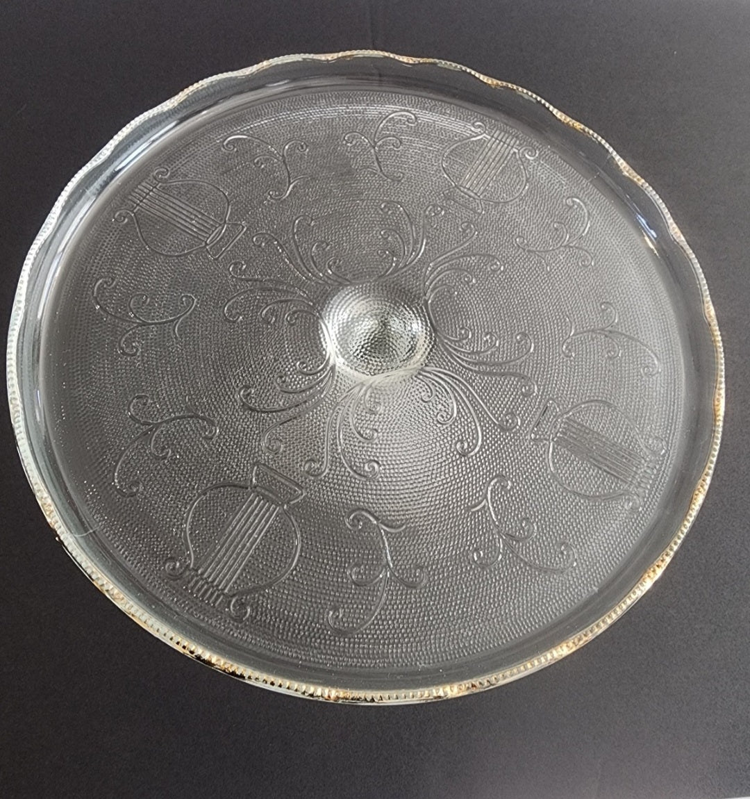Vintage 1950s Jeanette Depression Glass Cake Plate Stand Pedestal Harp Scrolls