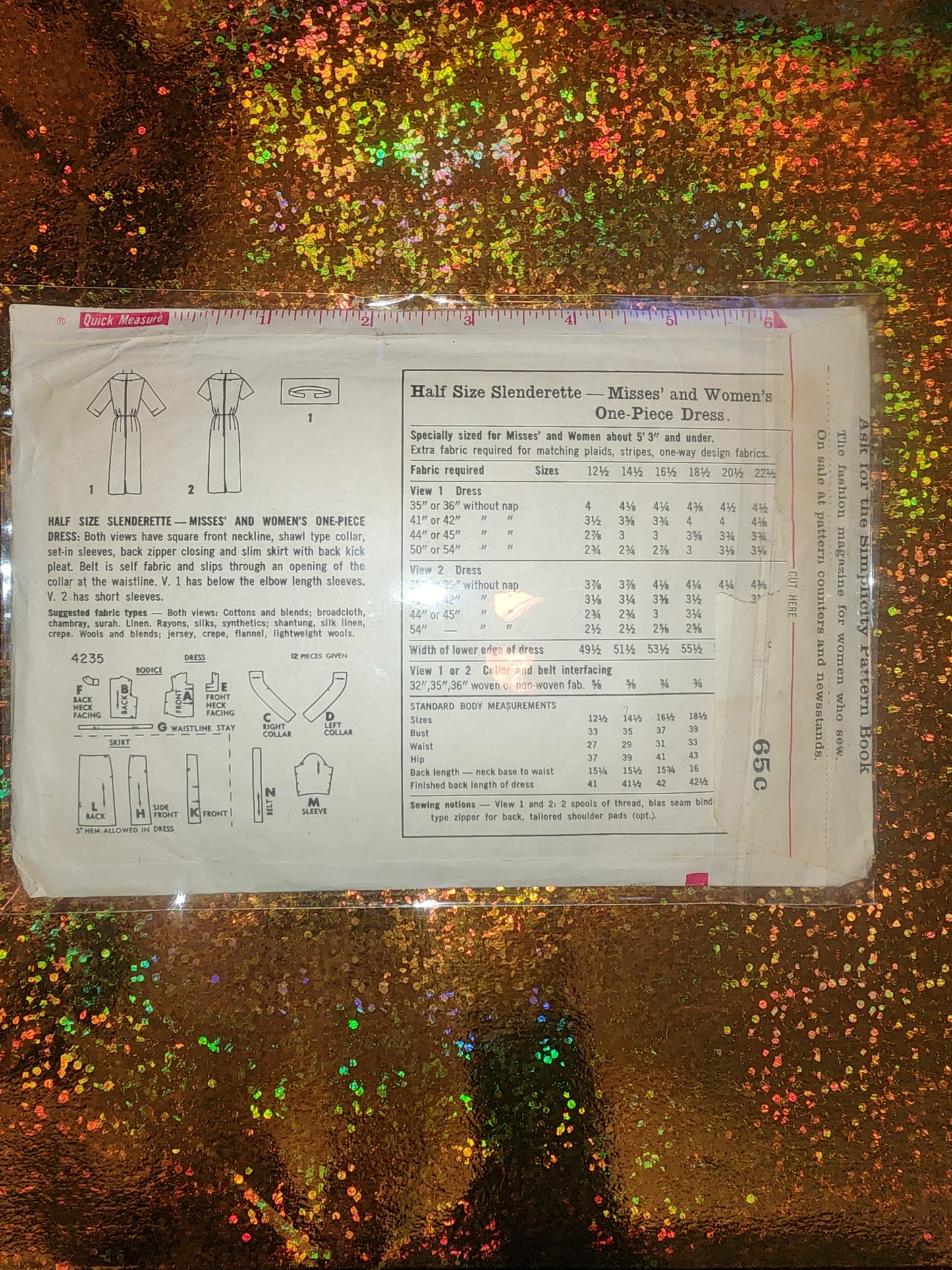 Vintage Simplicity Pattern 4235 16 1/2 half size slenderette measurement bust 37 waist 31 hip 41 cut pattern