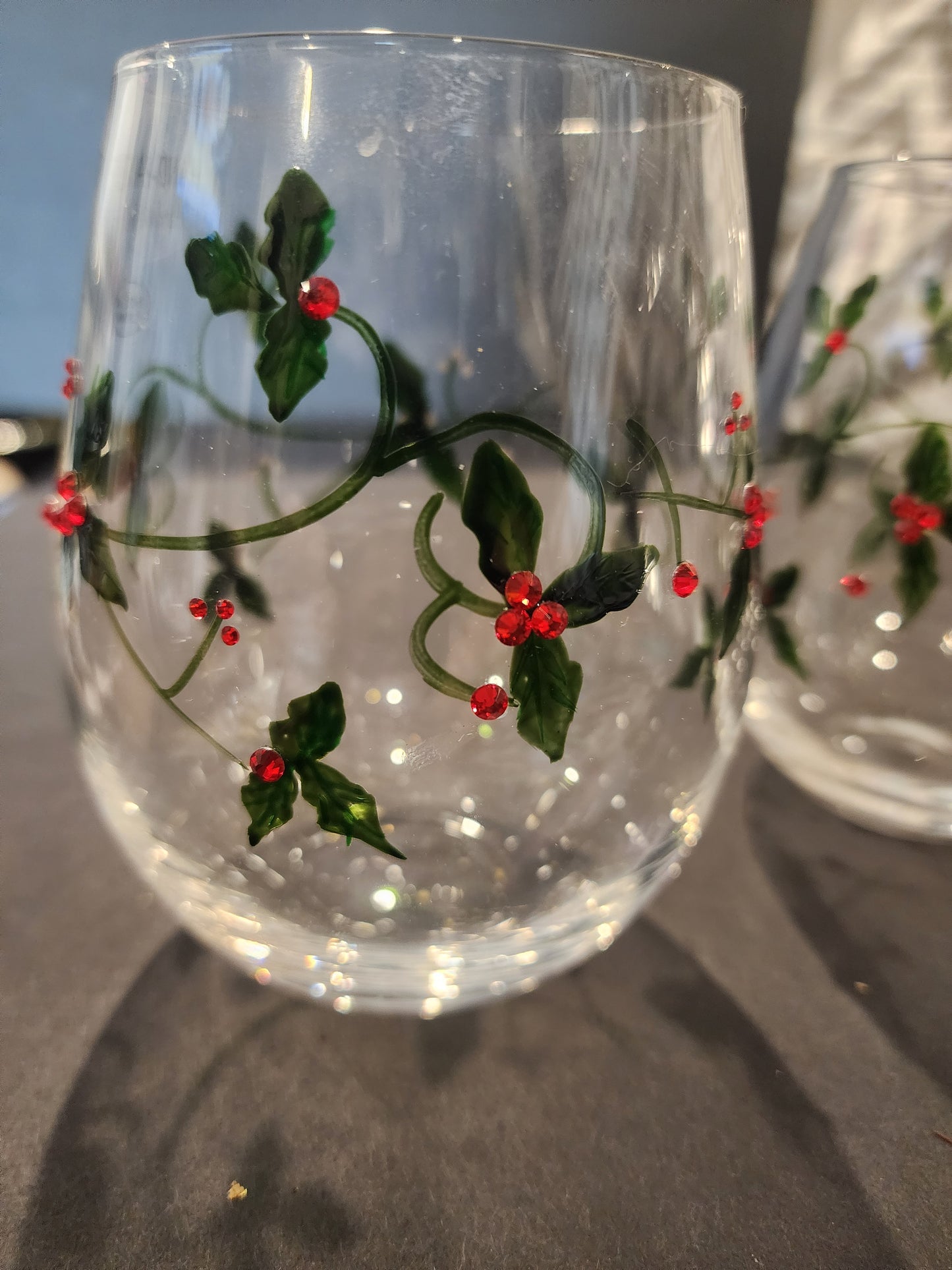 2 Beautiful Christmas Holly Stemless Wine Glasses with Jewels