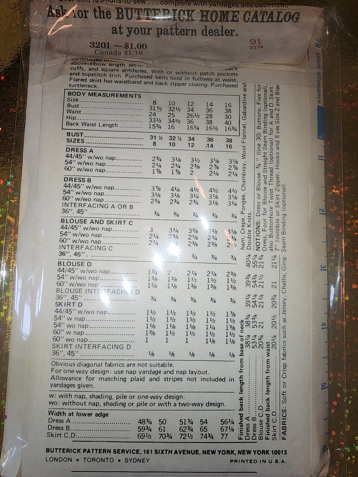Vintage Butterick 3201 uncut Pattern size 16 bust 38
