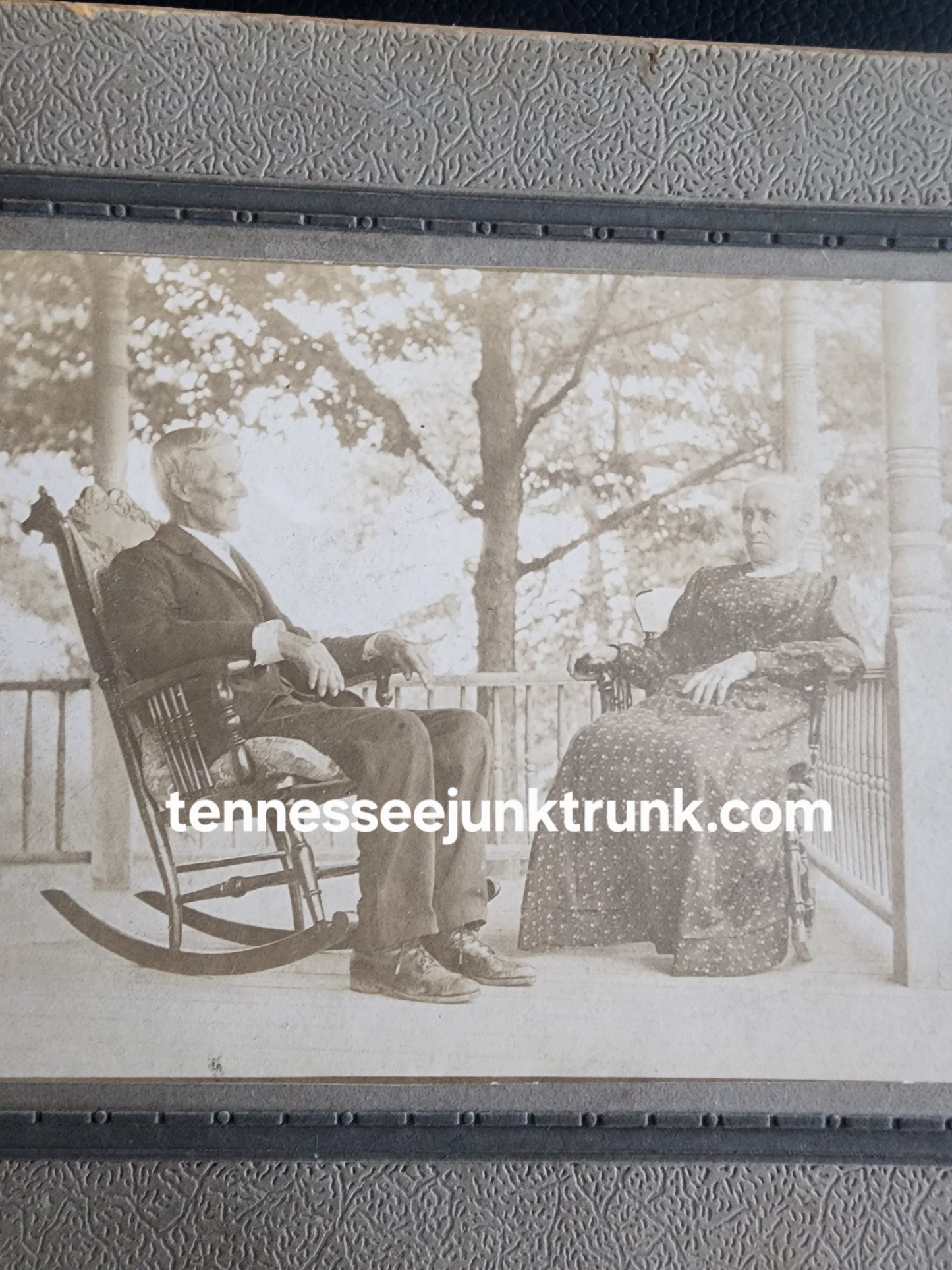 Antique Victorian Cabinet Card Photo Couple  of man and woman on Porch John Fisher