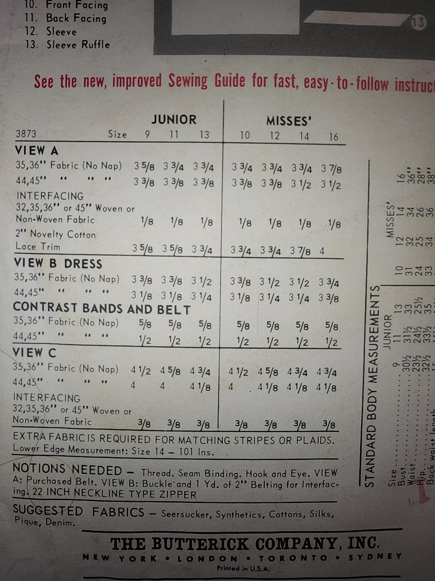 1960'S UNCUT BUTTERICK PATTERN 3873 DRESS SLEEVE NECK CHOICE FULL SKIRT SIZE 12