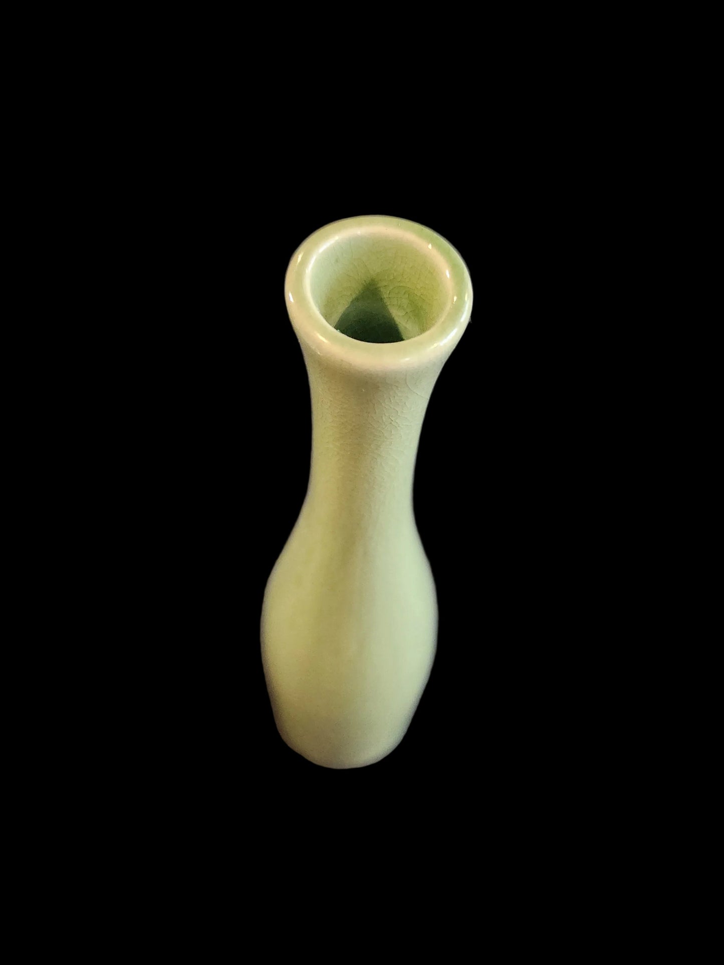 Crate & Barrel Green Crackle Glaze Ceramic Slender Vase with Leaf Motif, 11.5" H