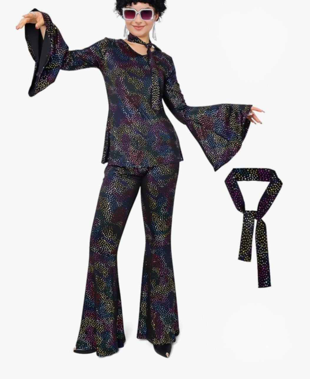 Groovy 70s Disco Outfit for Women L - Shimmering Bell Bottoms & Top w/ Neck Tie Adult Large