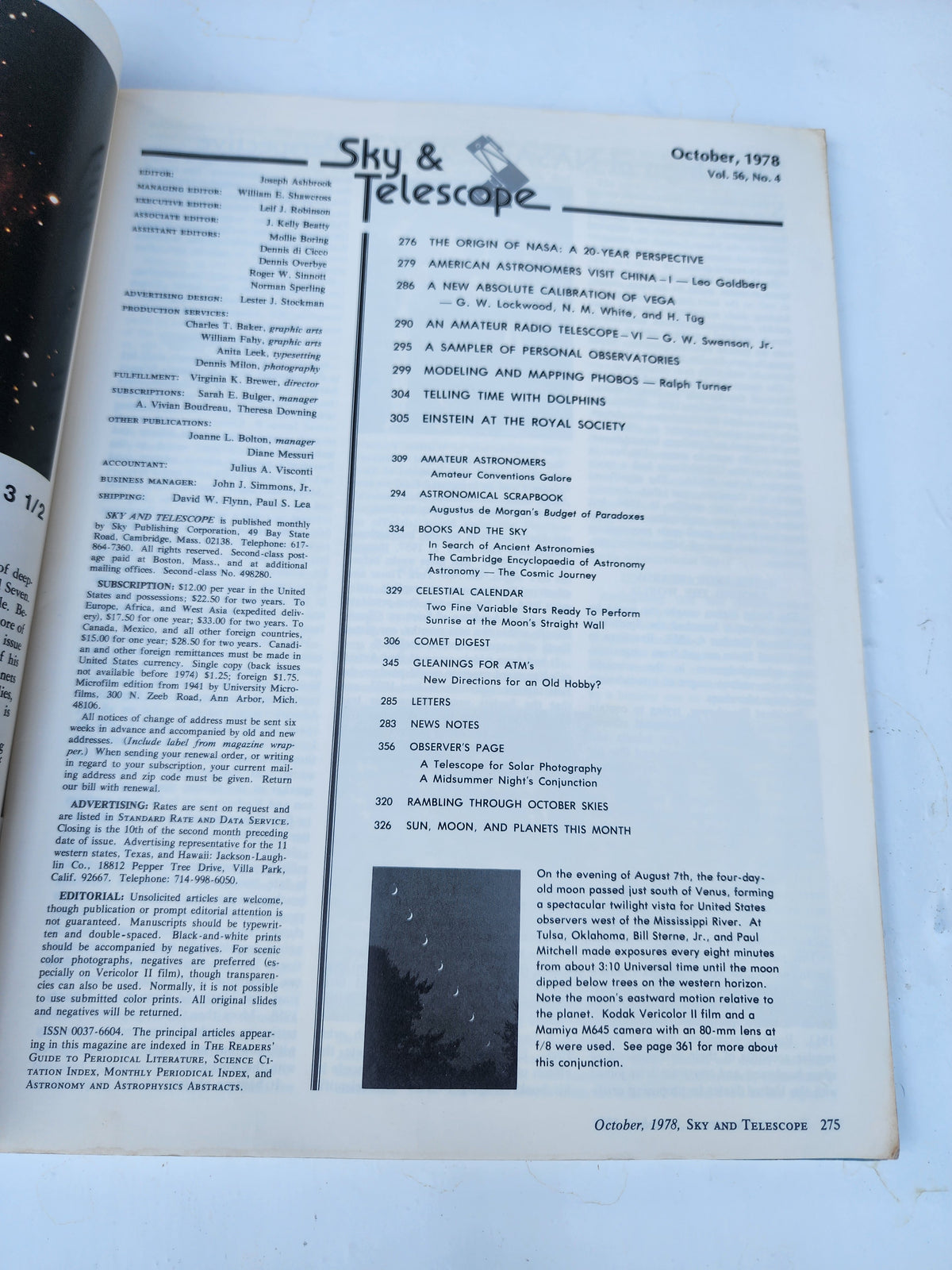 Vintage October 1978 issue of Sky and Telescope Magazine, Volume 56, Number 4