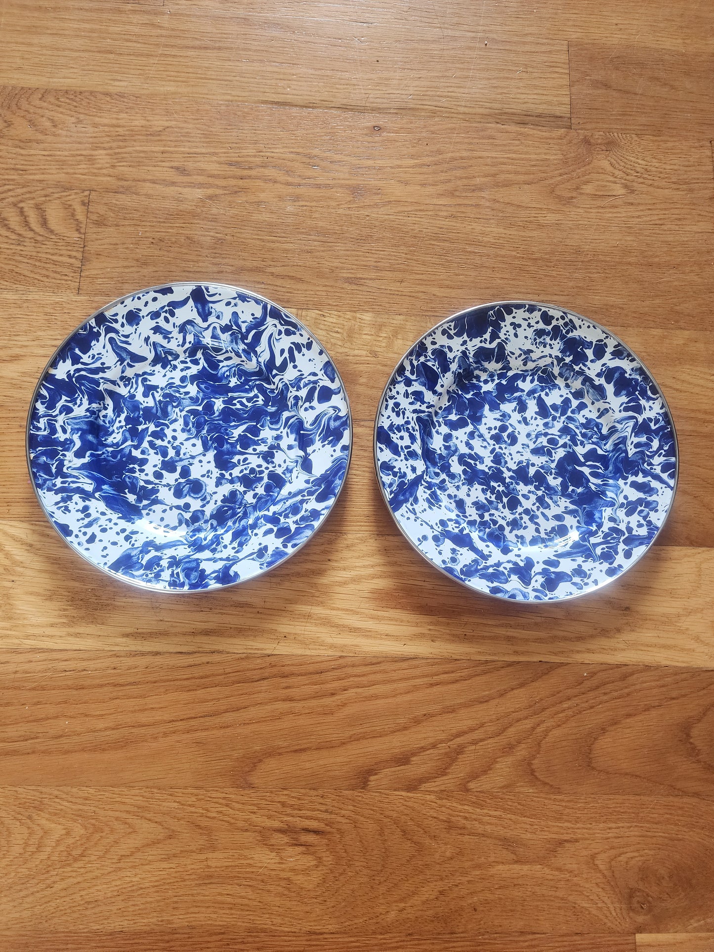 Vintage Enamelware Dinner Plates Cobalt Blue Spatterware 8.5” set of 2
