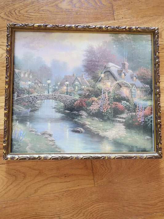 Thomas Kinkade Framed print 14x12" Cottage Bridge of light
