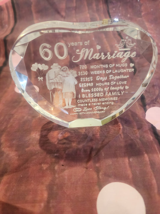 60th Wedding Anniversary Crystal Heart Gifts for Parents Couples