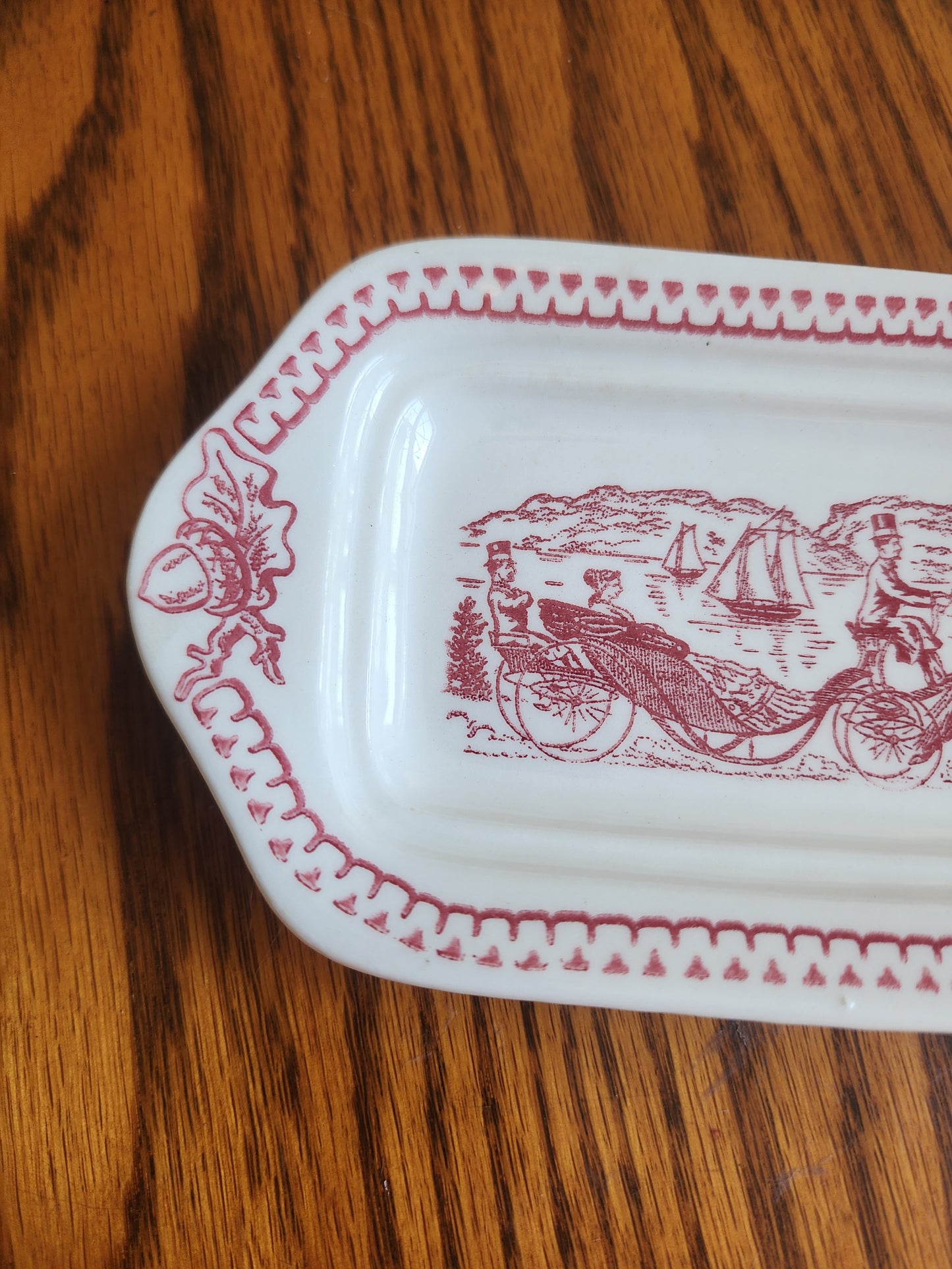 "Vintage Royal China 'Memory Lane' pink/red transferware butter dish base.