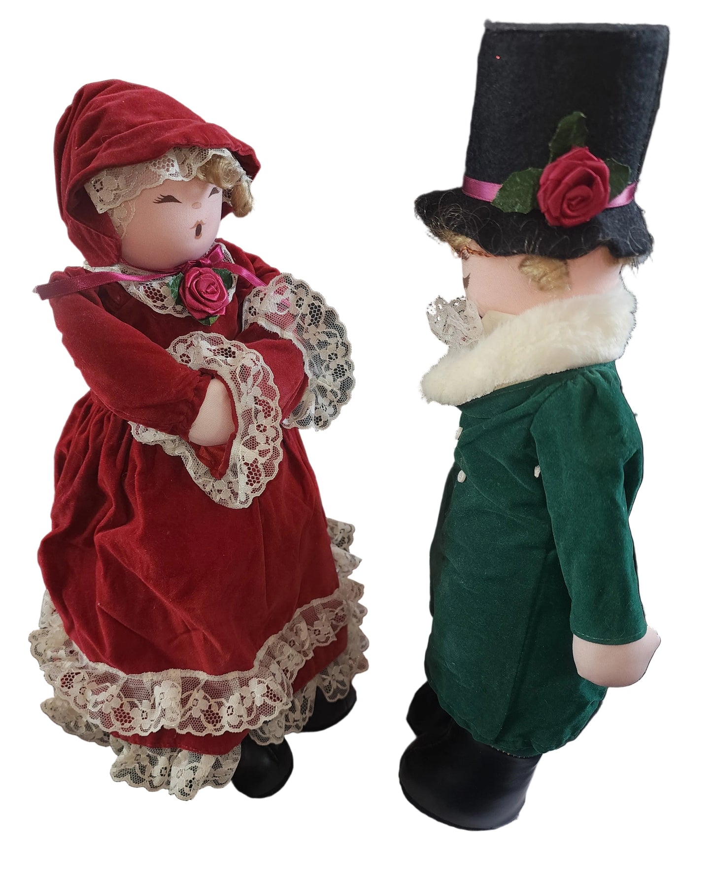 Vintage Christmas CAROLER Dolls Man & Woman Dolls Plush Figures 17”Holiday Set