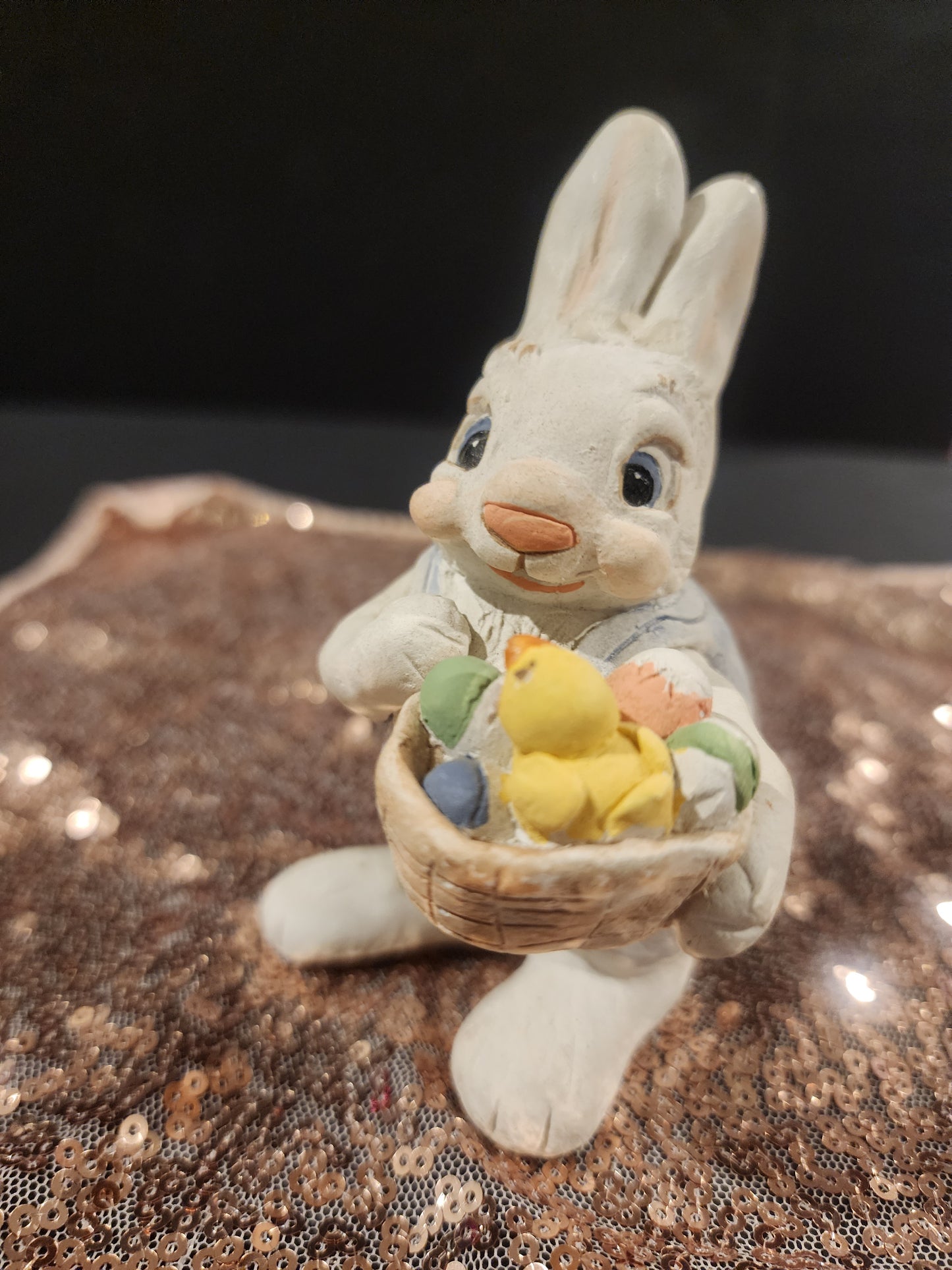Vintage Dreamsicle Easter Bunny Figurine W/ Basket & chick