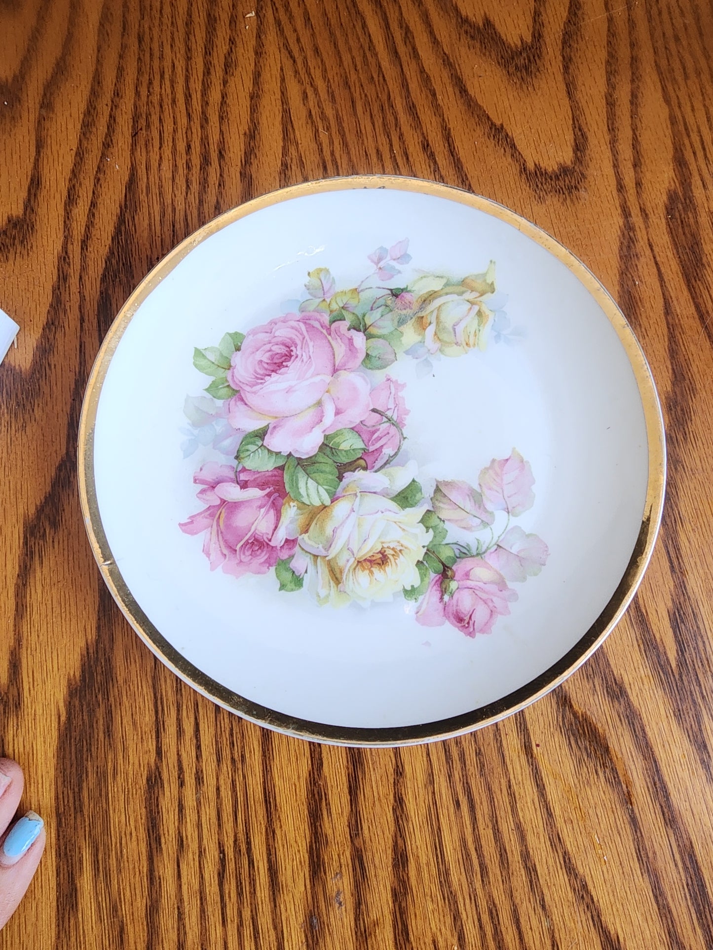>Antique Z.S. & Co Bavaria Porcelain Plate - Pink & Yellow Roses - 7 5/8" - Gold Rim