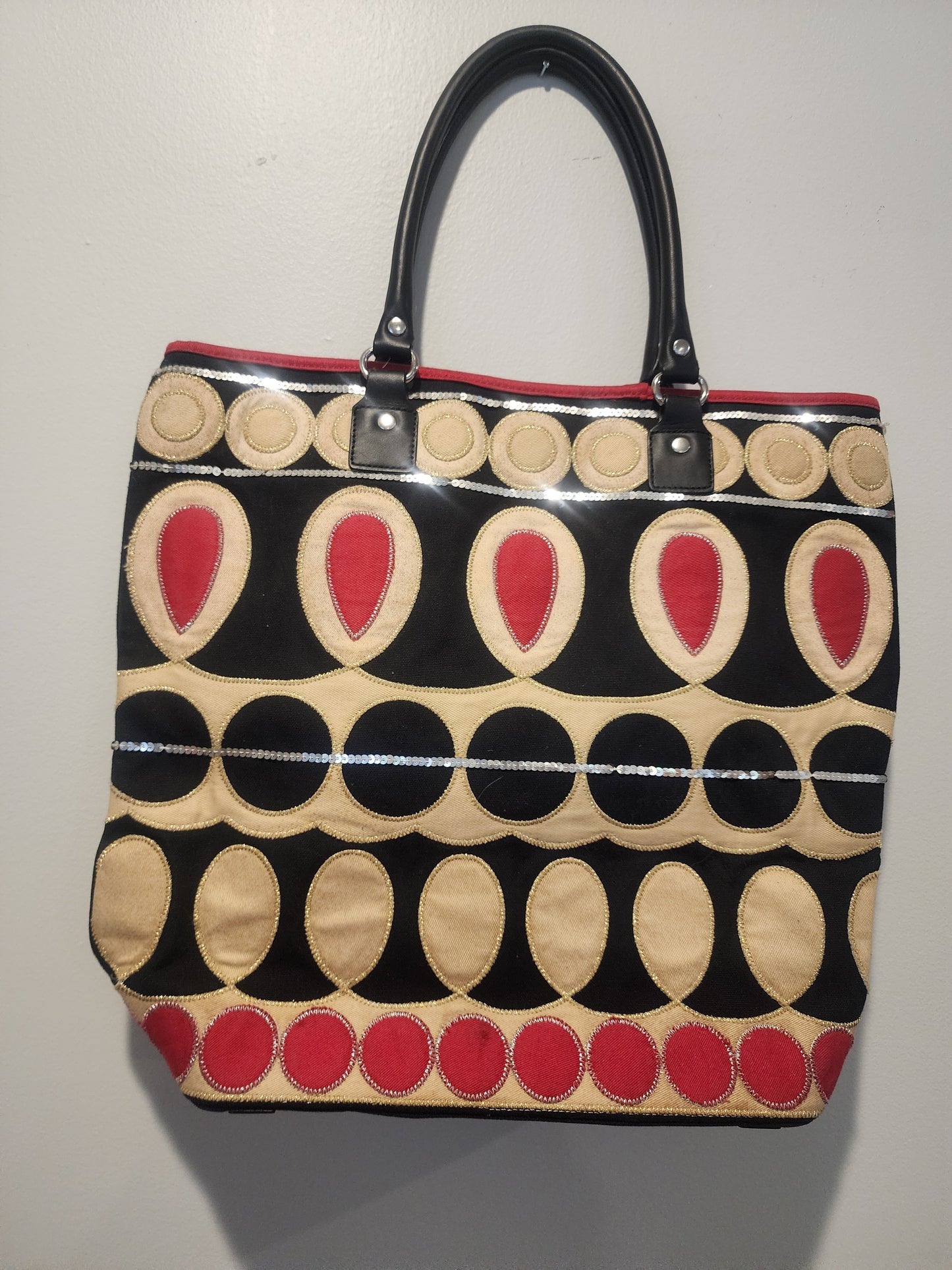 Talbots Women's Shoulder Bag Tote - Red, Black, Tan & Gold with Silver Sequins