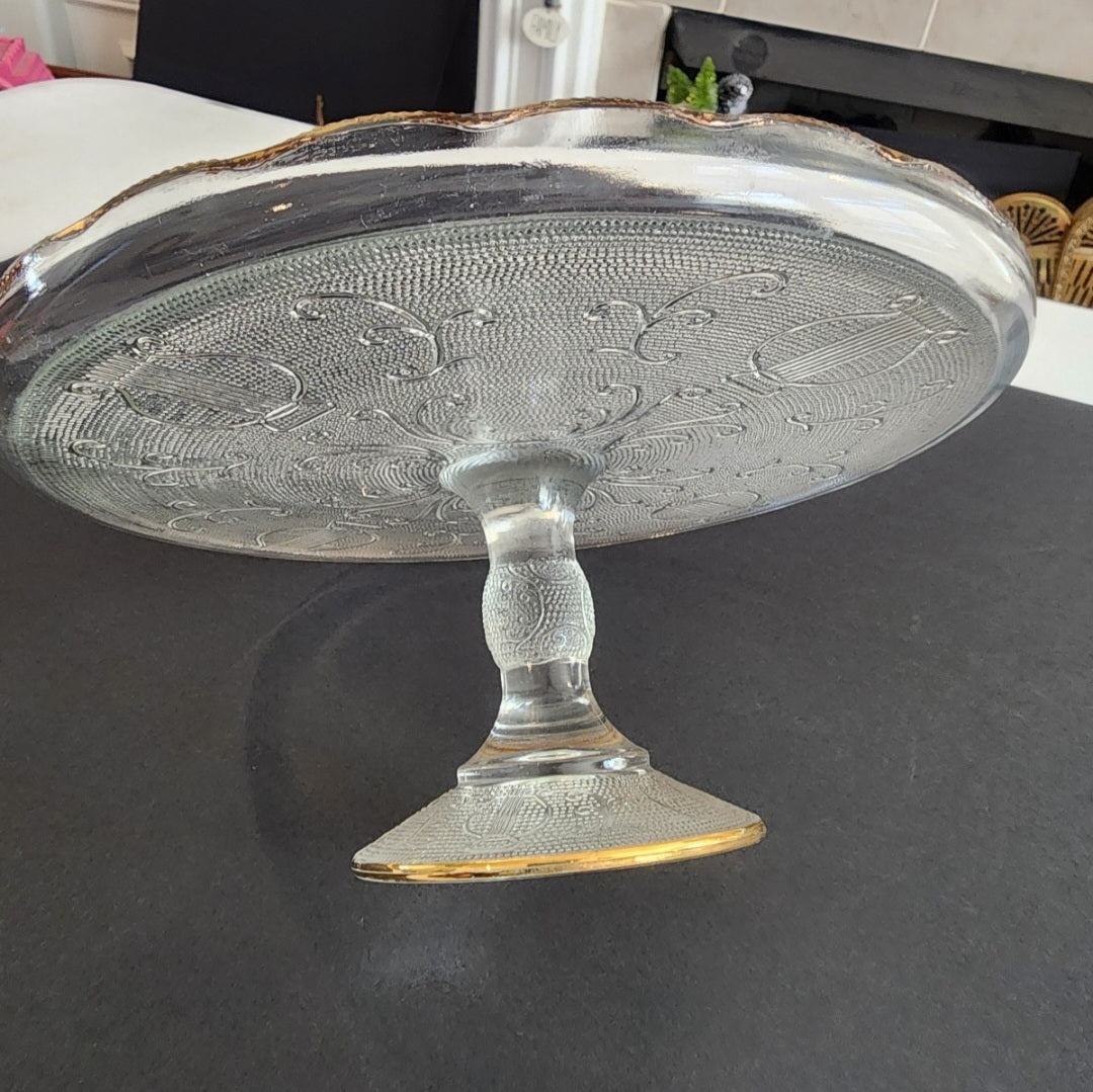Vintage 1950s Jeanette Depression Glass Cake Plate Stand Pedestal Harp Scrolls