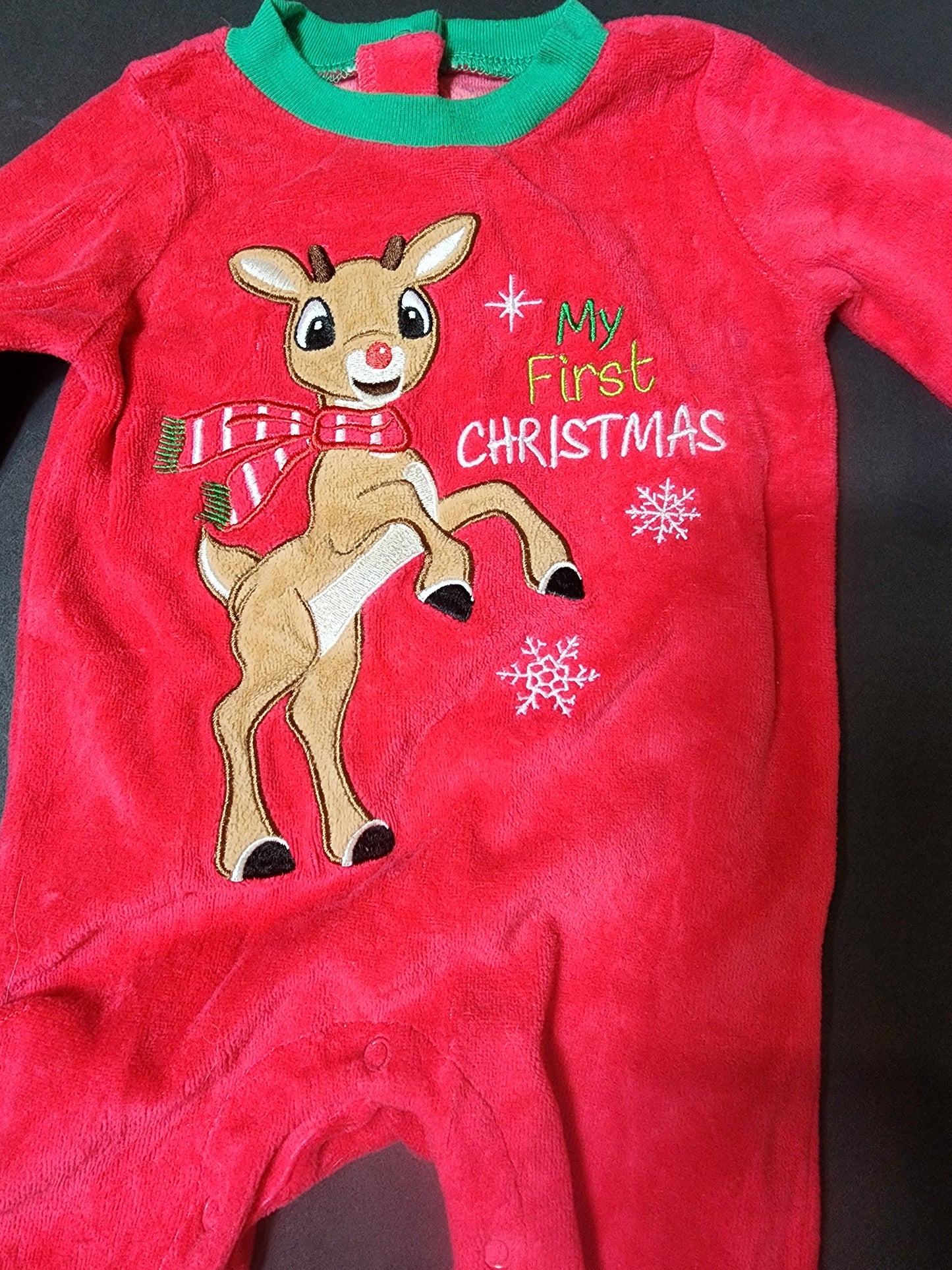 Festive Red Velour Baby's First Christmas & Red and Gray stripe sleeper with a moose