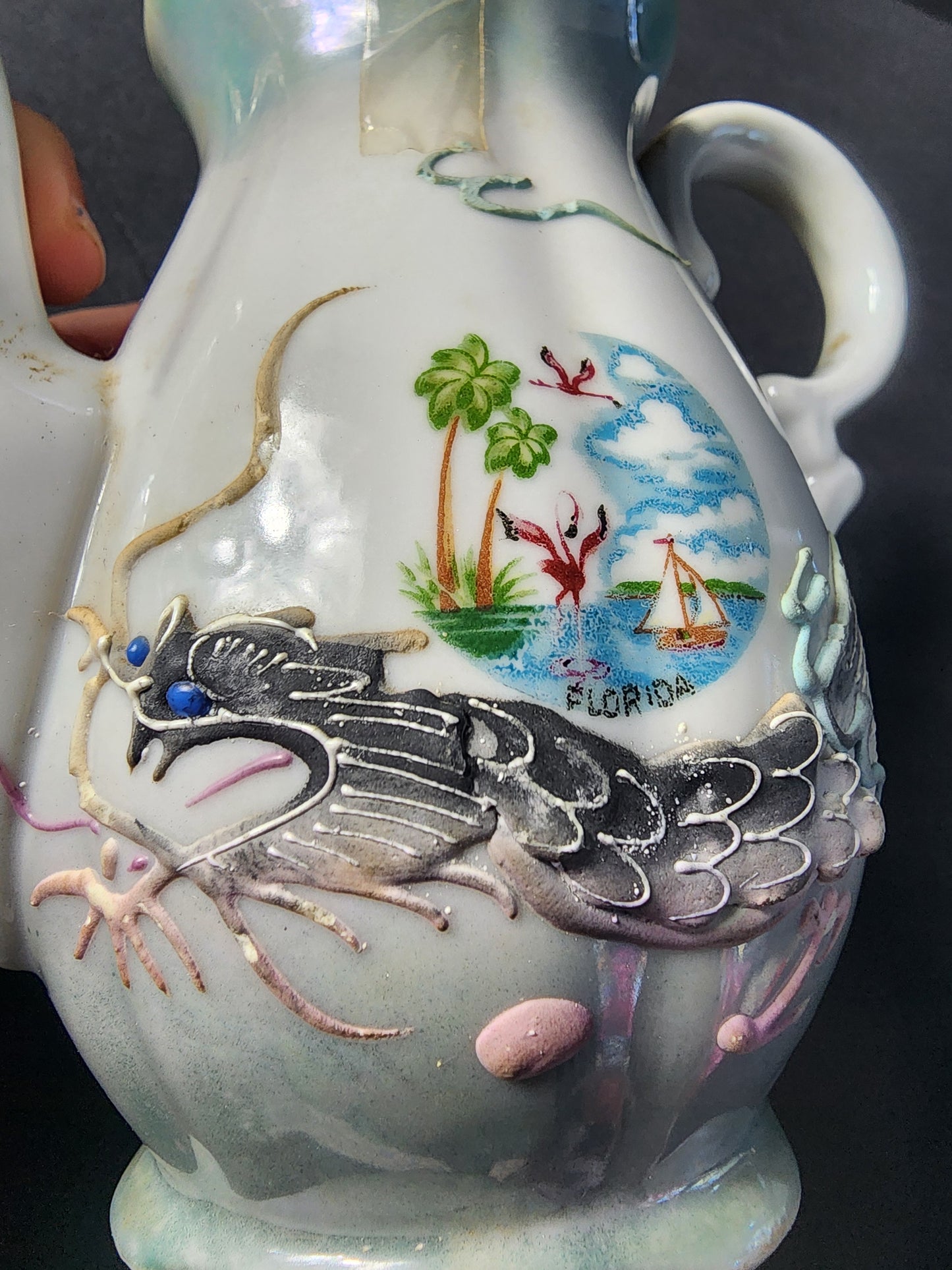 Kenmar Japan vintage Florida souvenir 3D Dragonware teapot green luster with dragon